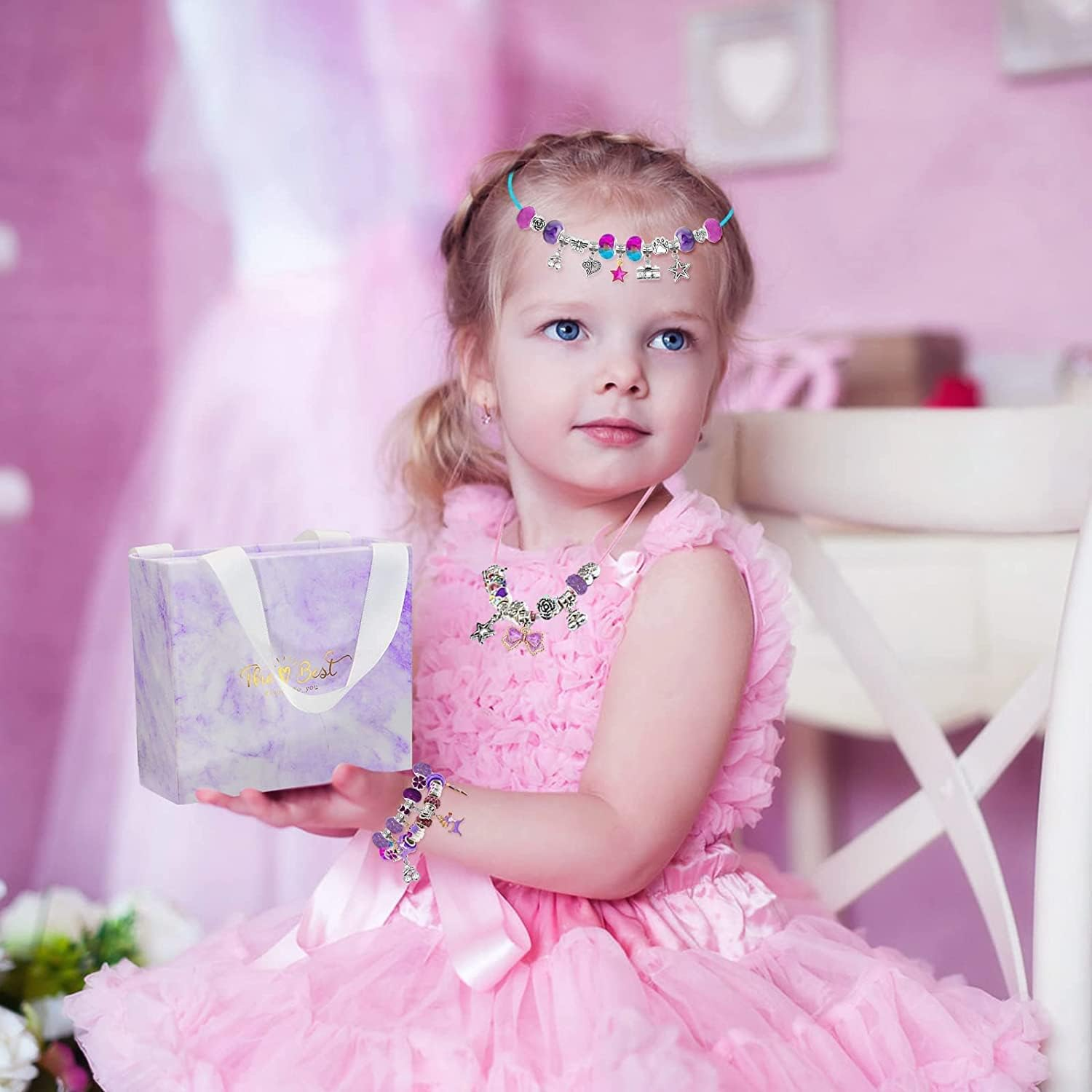 162 Pcs Charm Bracelets Kit, Necomi Jewellery Making Kit with Beads, Purple Fantasy Charm Style, Bracelet Making Kit for DIY Craft and Teen Girls Jewelry for Kids Friendship Age 6-12