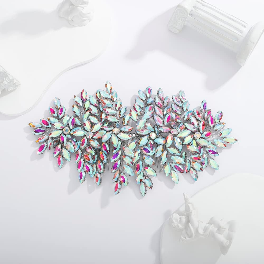 Teyglen Large Full Rhinestones Flower Bride Wedding Hair Comb Headband Luxurious Hair Accessories Dainty Crystals Bridal Side Hair Combs for Women Bride Girls (AB Color) - Ab Color image number 3