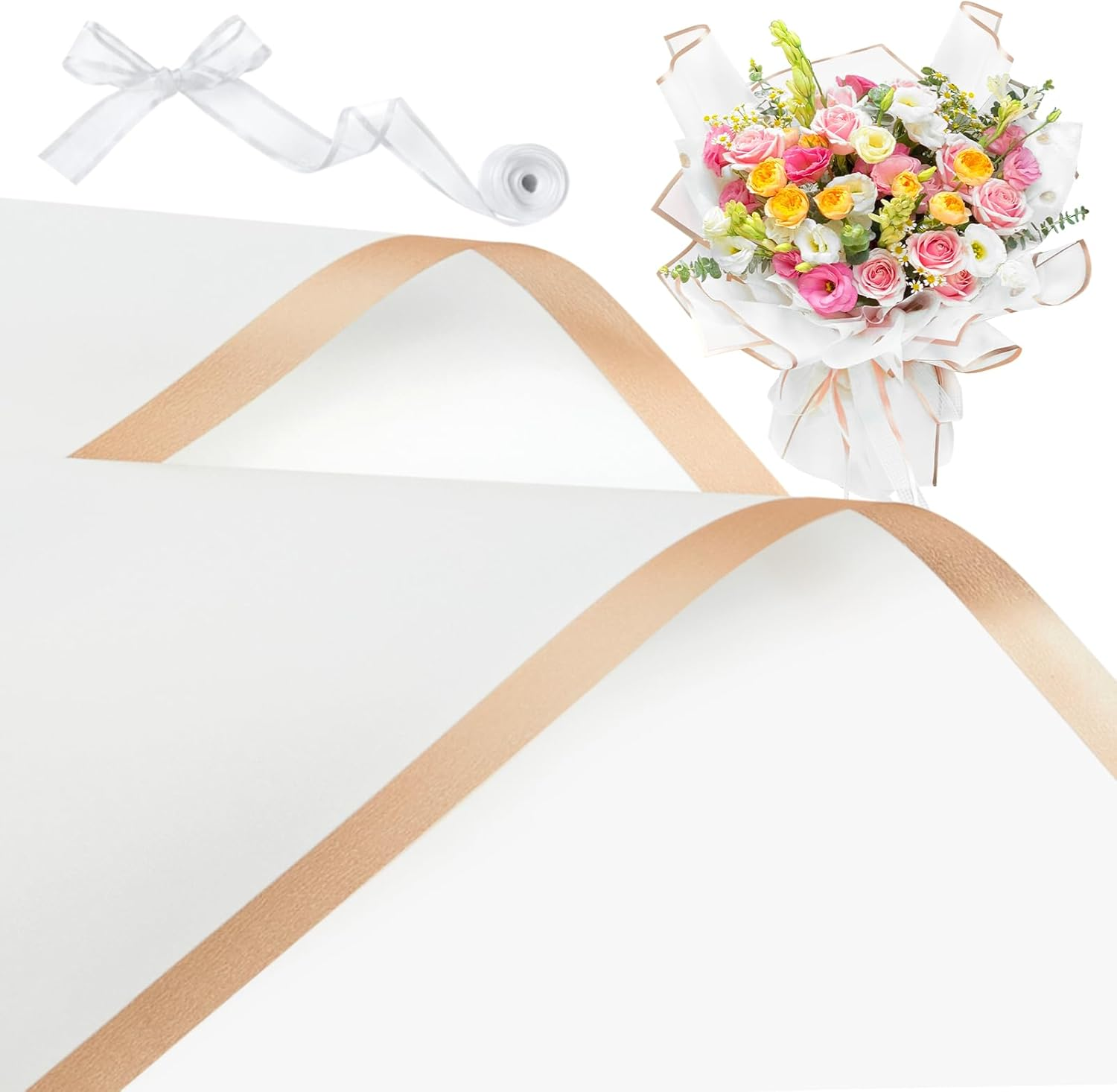 ZORRITA 20 Sheets White Flower Wrapping Paper with Rose Gold Edge, 22.8 X 22.8 Inch, Waterproof, Ideal for Floral Arrangements, Gift Wrapping, Party Decorations image number 1