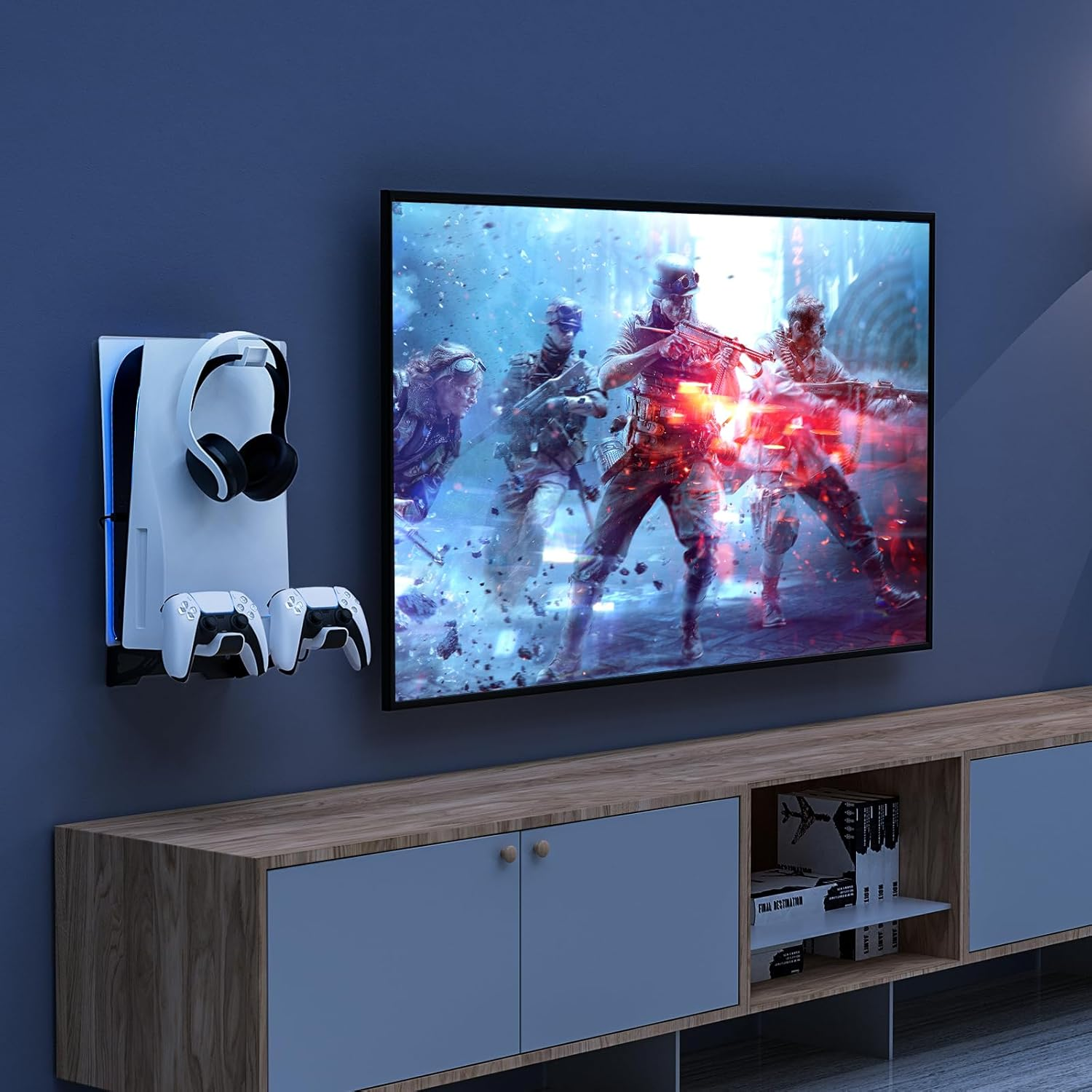 Nexigo Wall Mount Set for Playstation 5 (Disc & Digital), Dual Controller, Sturdy Steel Wall Stand Holder Mount with Headphone Hanger, Set Your PS5 Console near or behind TV image number 1