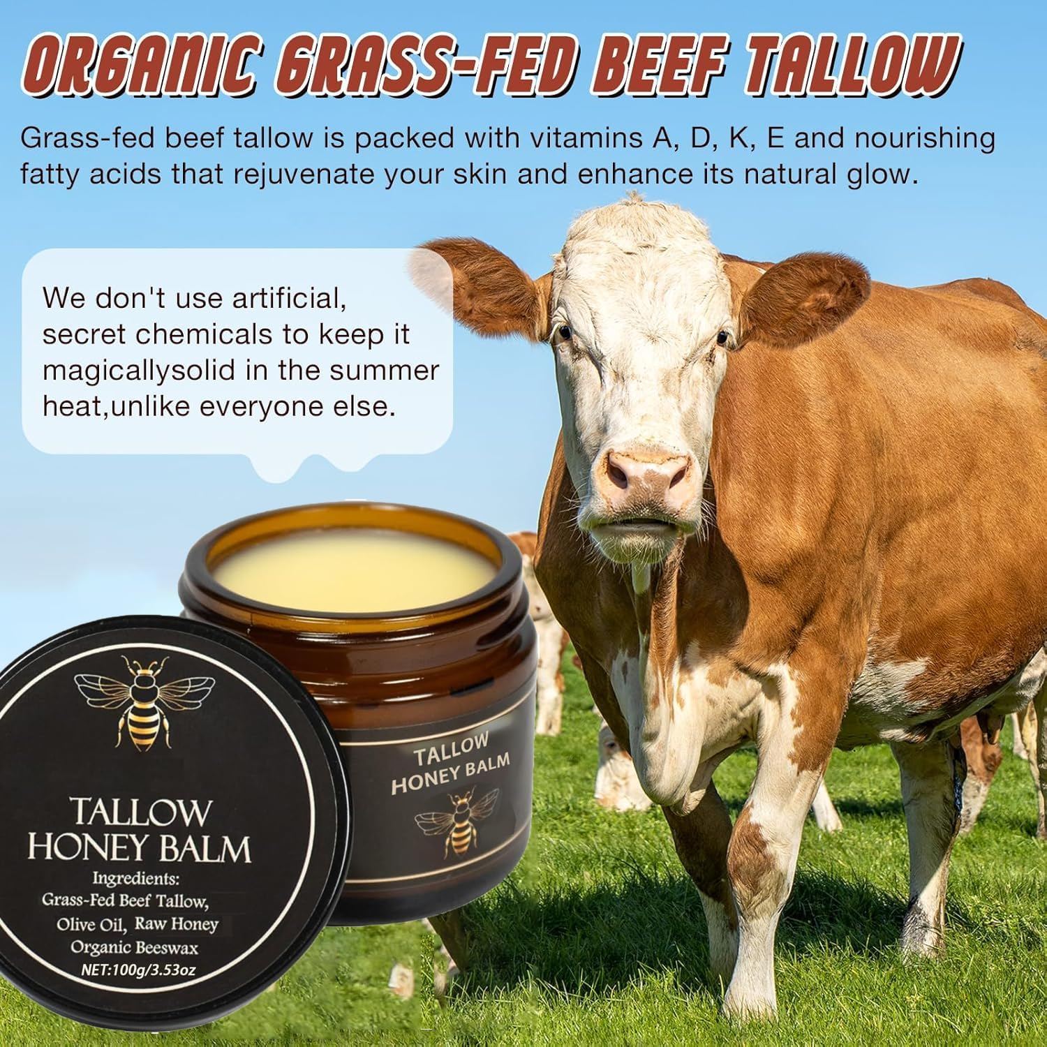 Beef Tallow Moisturiser and Honey Balm，Moisturizing Cream for Soft, Smooth Skin - Handmade All-Natural Moisturizer (2 Oz Lavender) image number 3