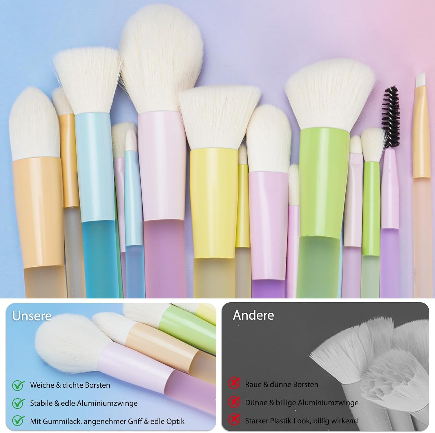 LULUCOLORS Makeup Brush Set 18 Pieces - Soft Vegan Makeup Brushes with Beauty Sponges, Colourful Handles & Aluminium Ferrule, Skin-Friendly, Includes Storage Bag & Gift Box image number 6