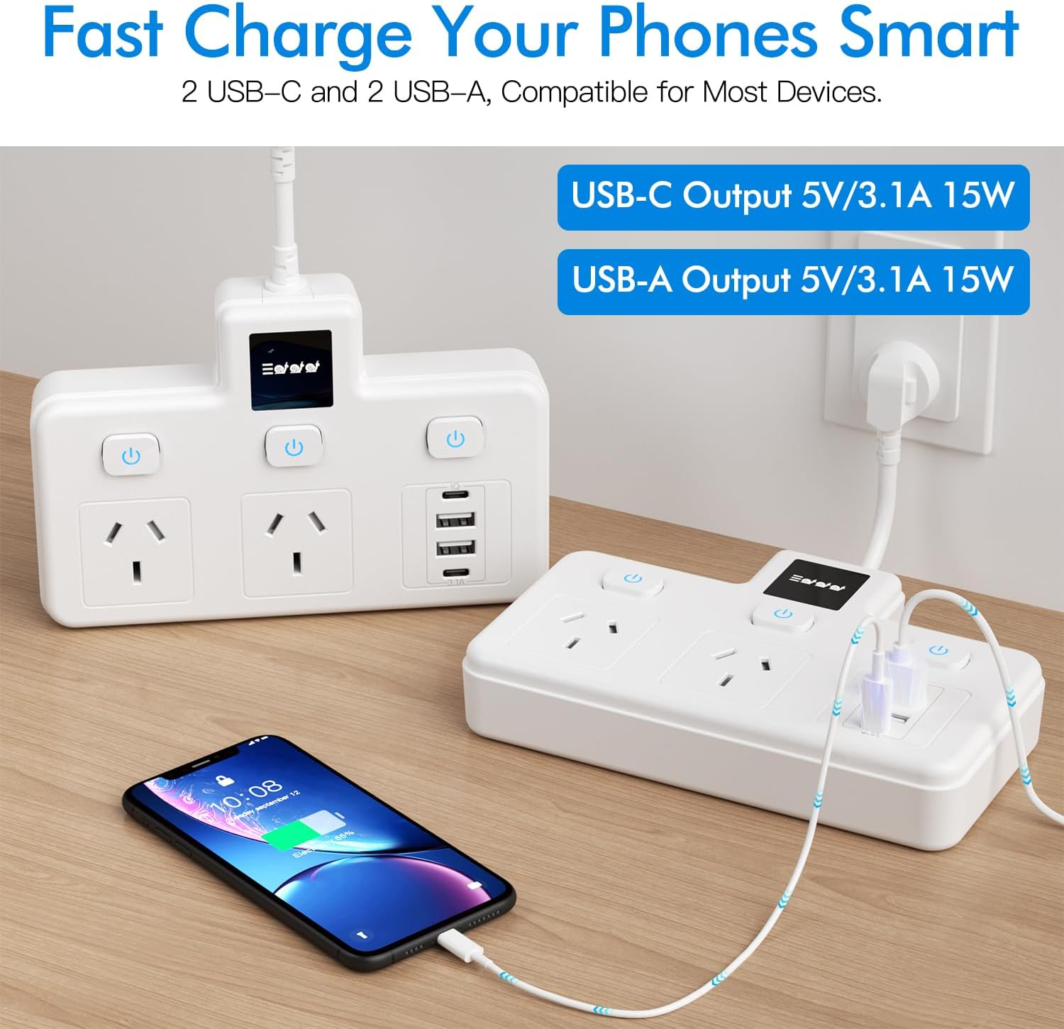 Power Board with 2 USB-C and 2 USB-A Ports,Surge Protector Power Strip 2 Outlets,3250W 10/16A Fast Charging,Adjustable Night Light for Home, Office, and Bedroom - Creamy-White image number 3