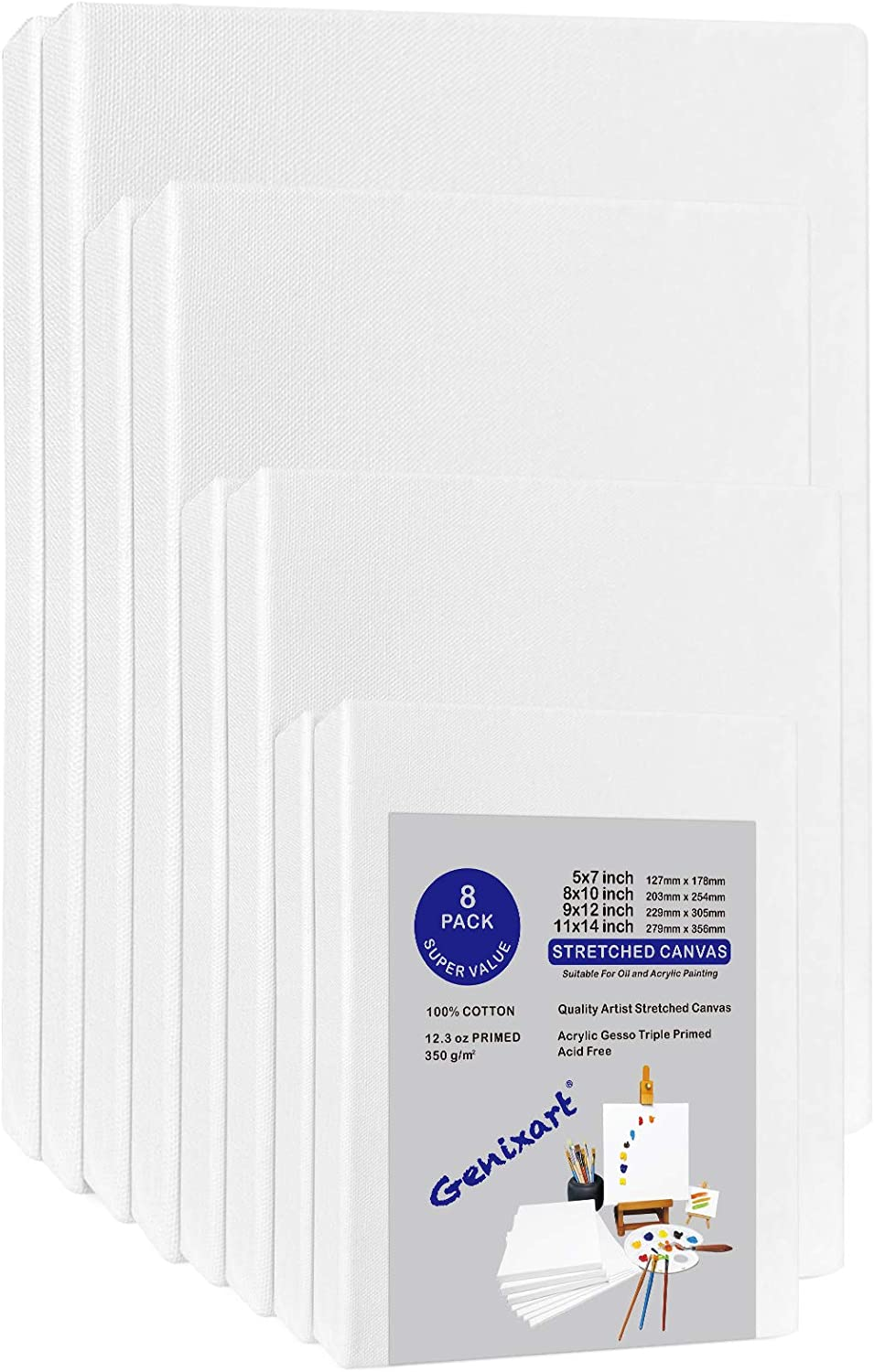 Genixart White Blank Stretched Canvas, Primed Professional Artist Canvases for Acrylics & Oils Painting (8Pcs Multipack) image number 2