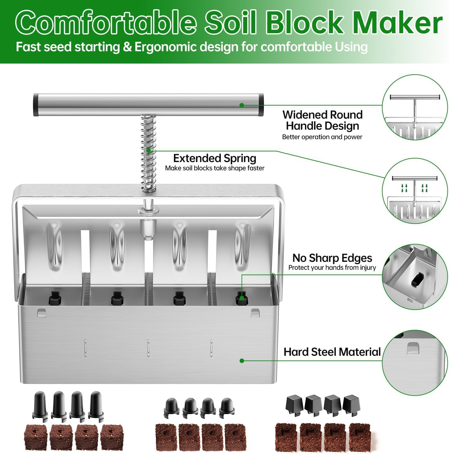 Soil Blocker, 4 Cell Soil Block Maker 5 CM with 3 Sizes Seed Pins, Seed Handheld Block Maker with Comfortable Handle, Garden Blocking Tools for Seedings, Cuttings, Greenhouses image number 4