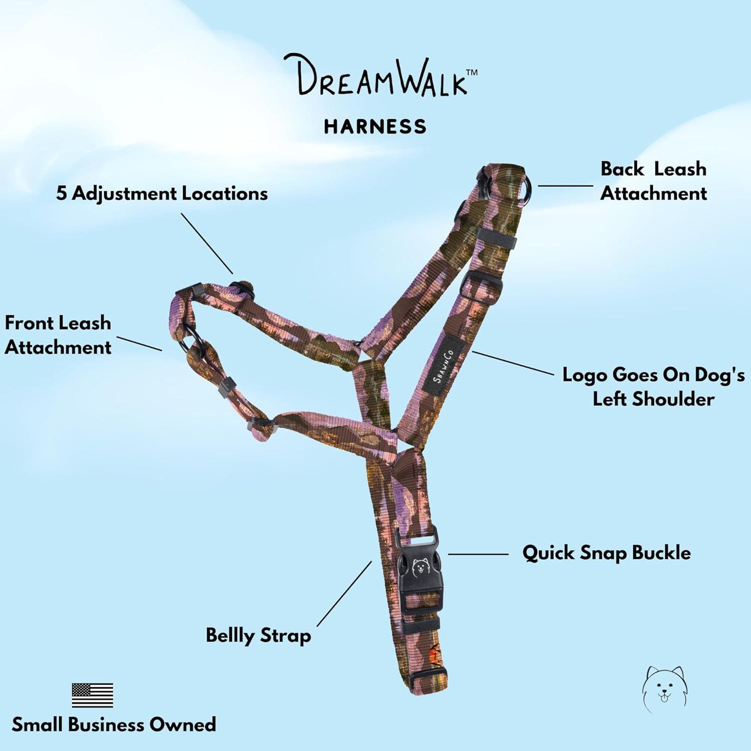 Shawnco Dream Walk No-Pull Dog Harness- Adjustable, Comfortable, Easy to Use Pet Halter to Help Stop Pulling for Small, Medium and Large Dogs- Art Pattern Designs (Montana Daydream, M) image number 5