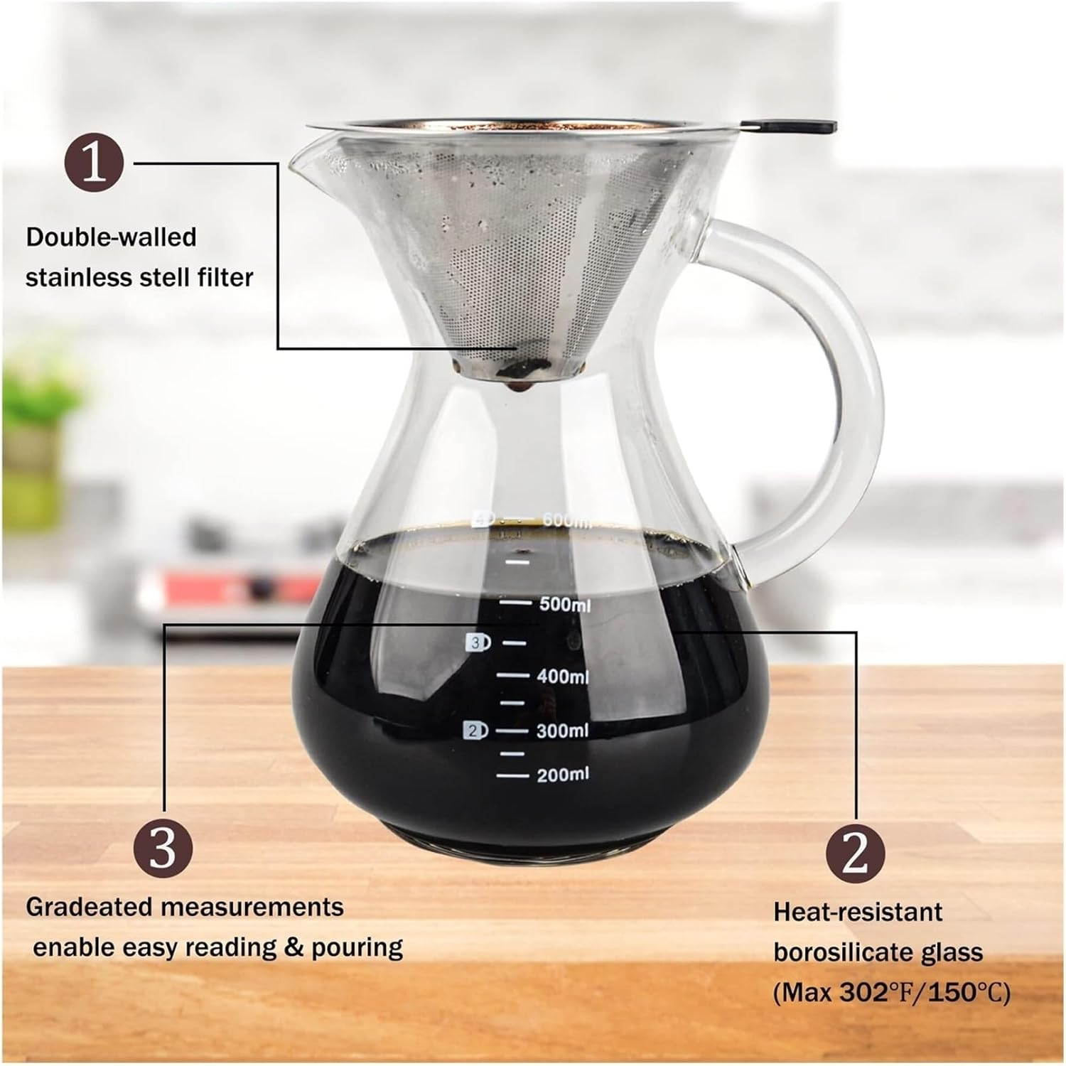 KFKAA V60 Pour over Coffee with Reusable Double-Layer Stainless Steel Filter, 600Ml/20Oz Bpa-Free Glass Drip Coffee for Home, Cafe, Office image number 6