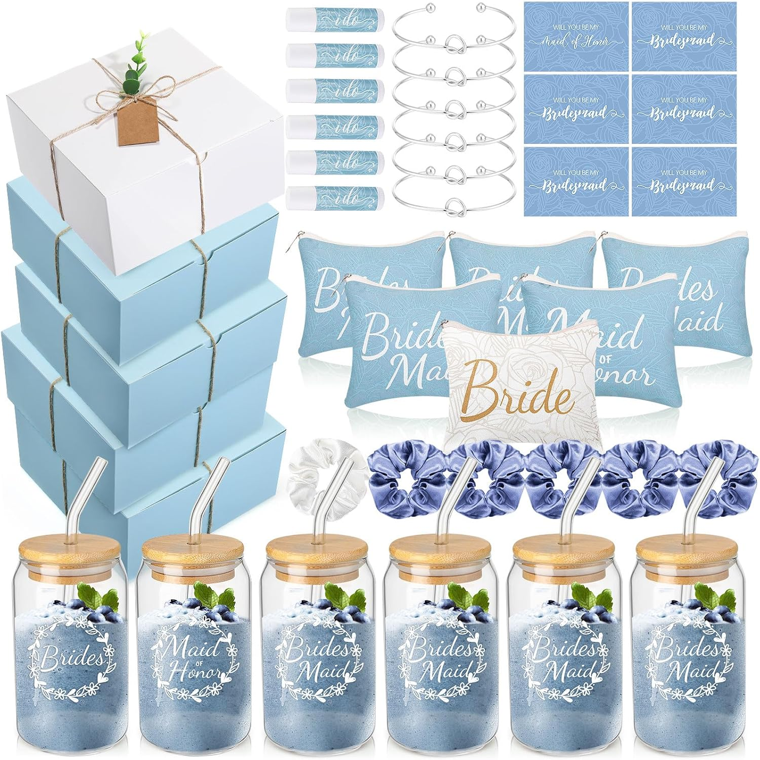 Filltouch 54 Pcs Bridesmaid Proposal Gifts, Maid of Honor Gift Include Wedding Gift Box Makeup Bag Invited Card Glass Cup Lip Balm Scrunchie Bracelet for Bridal Shower Bachelorette Party(Purple)