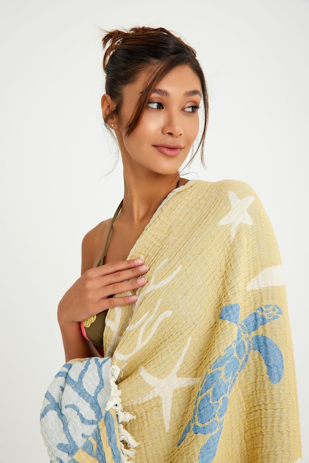 Barooga Beach Towel% 100 Premium Turkish Cotton, Turtle Print Prewashed Jacquard Towel for Bath, Beach, Pool, Sauna, Gym, Camping, Yoga, Spa, Quick-Dry (75X170 Cm) (Yellow) image number 6