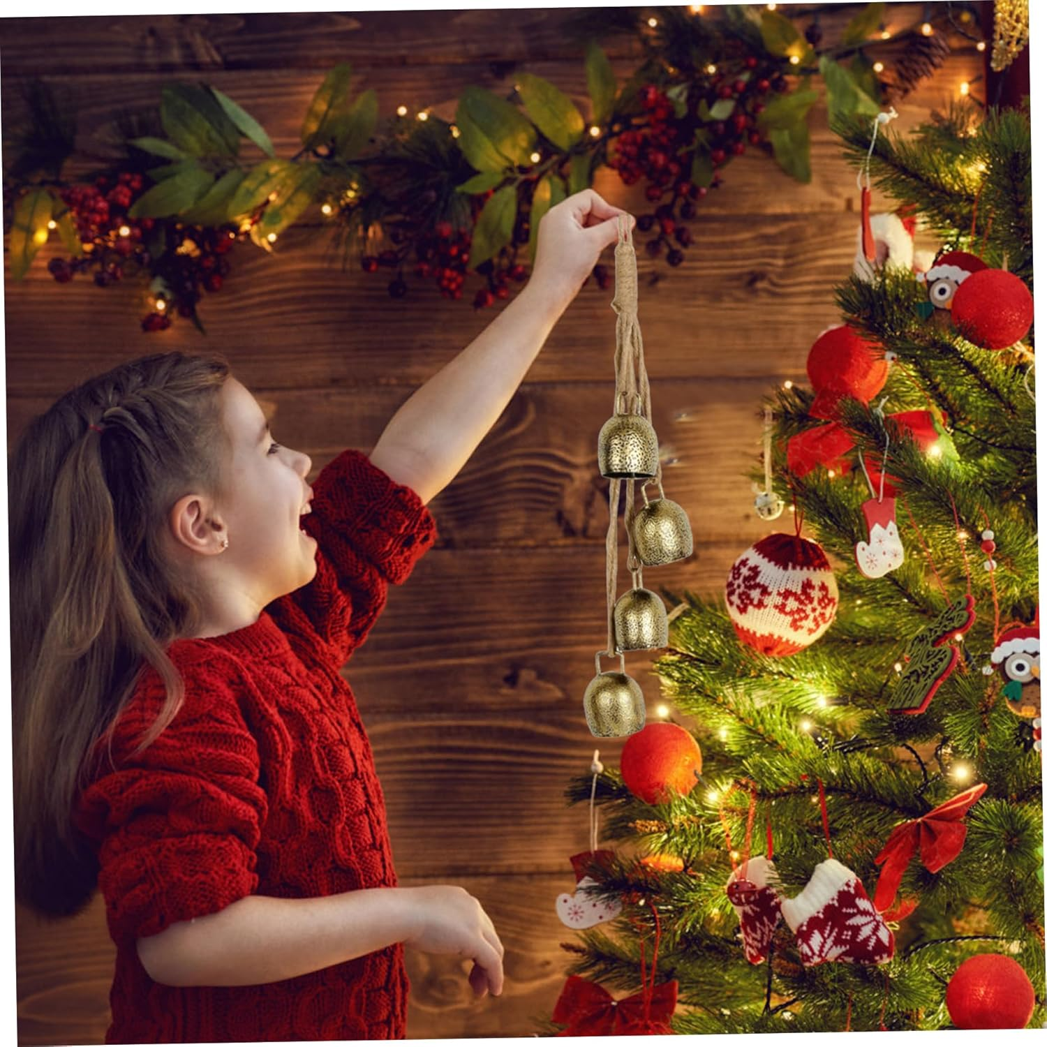 Christmas Bells Gold 42Cm Vintage Xmas Tree Decorations 4 Bells Rustic Hanging Cow Bells with Rope Bell for Door Garden Home Decor Lucky round Witch Bells image number 3