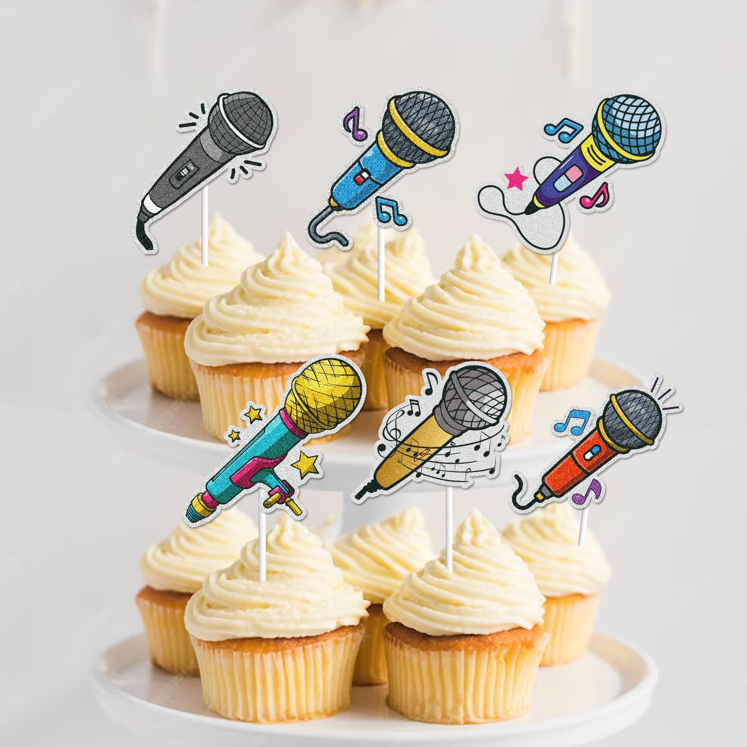 18Pcs Microphone Happy Birthday Cupcake Toppers Host Music Cake Decor Karaoke Musical Cupcake Picks Baby Shower Kids Birthday Party Cake Decorations Supplies