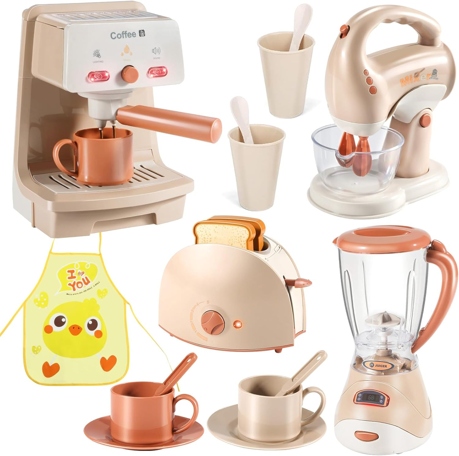 Kids Kitchen Set Includes Coffee Maker ,Blender,Fruit Machine and Toaster ,Apron and Cups,With Realistic Lights& Sounds for Kids 3+ Ages Toddler Toys image number 3