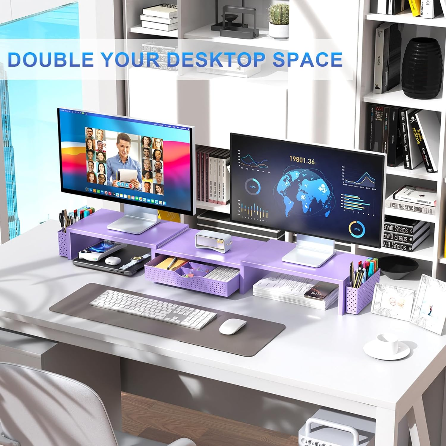 Gianotter Dual Monitor Stand Riser, Desk Organizer with Drawer and 2 Pen Holders, Desk Organizers and Accessories, Purple Office Decor (Purple) - Black image number 3