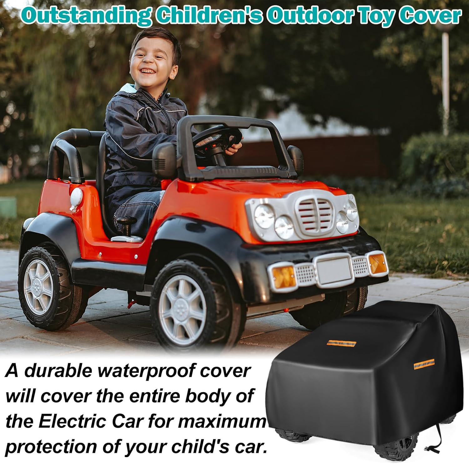 Children'S Car Cover,Large 420D Universal Ride-On Covers for Children, Electric Vehicles, Large Car Toy Cover Waterproof Outdoor with 3 Reflective Strips and Bag,Anti-Rain Dust Protection image number 4