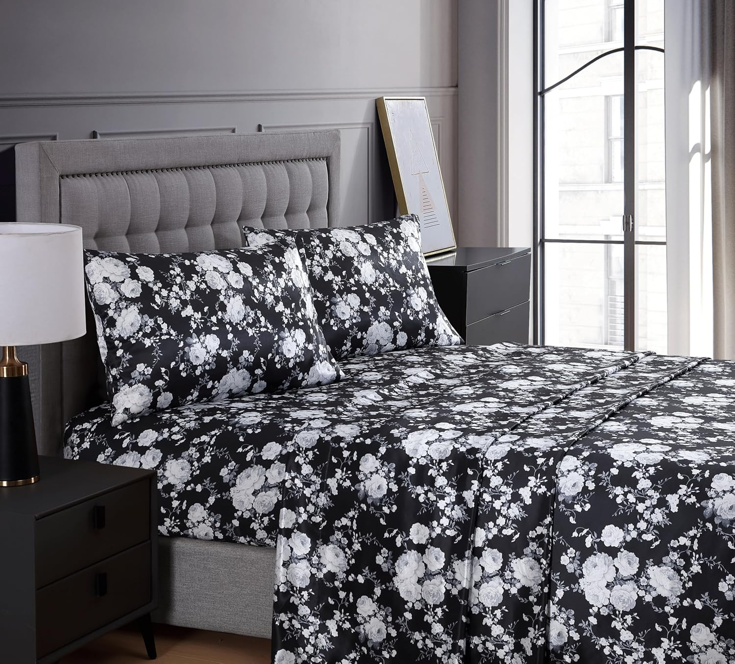 Beatrice Home Fashions 100% Luxury Satin Polyester Bed Sheet Set, Queen Size, Floral Rose Bedding image number 2