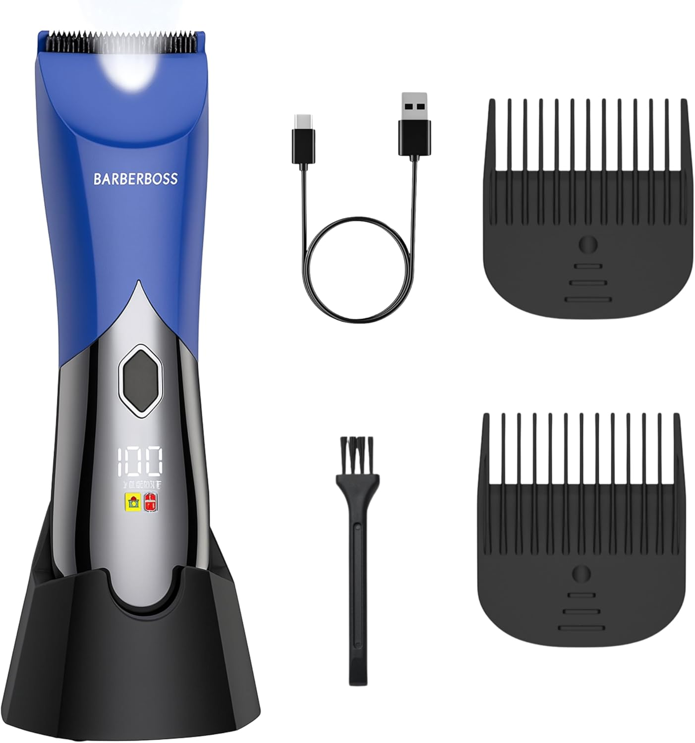 Barberboss Rechargeable Body Hair Trimmer for Men, Blue Intimate Shaver with Waterproof Design, LED Display, Body and Beard Trimmer with Adjustable Combs image number 1