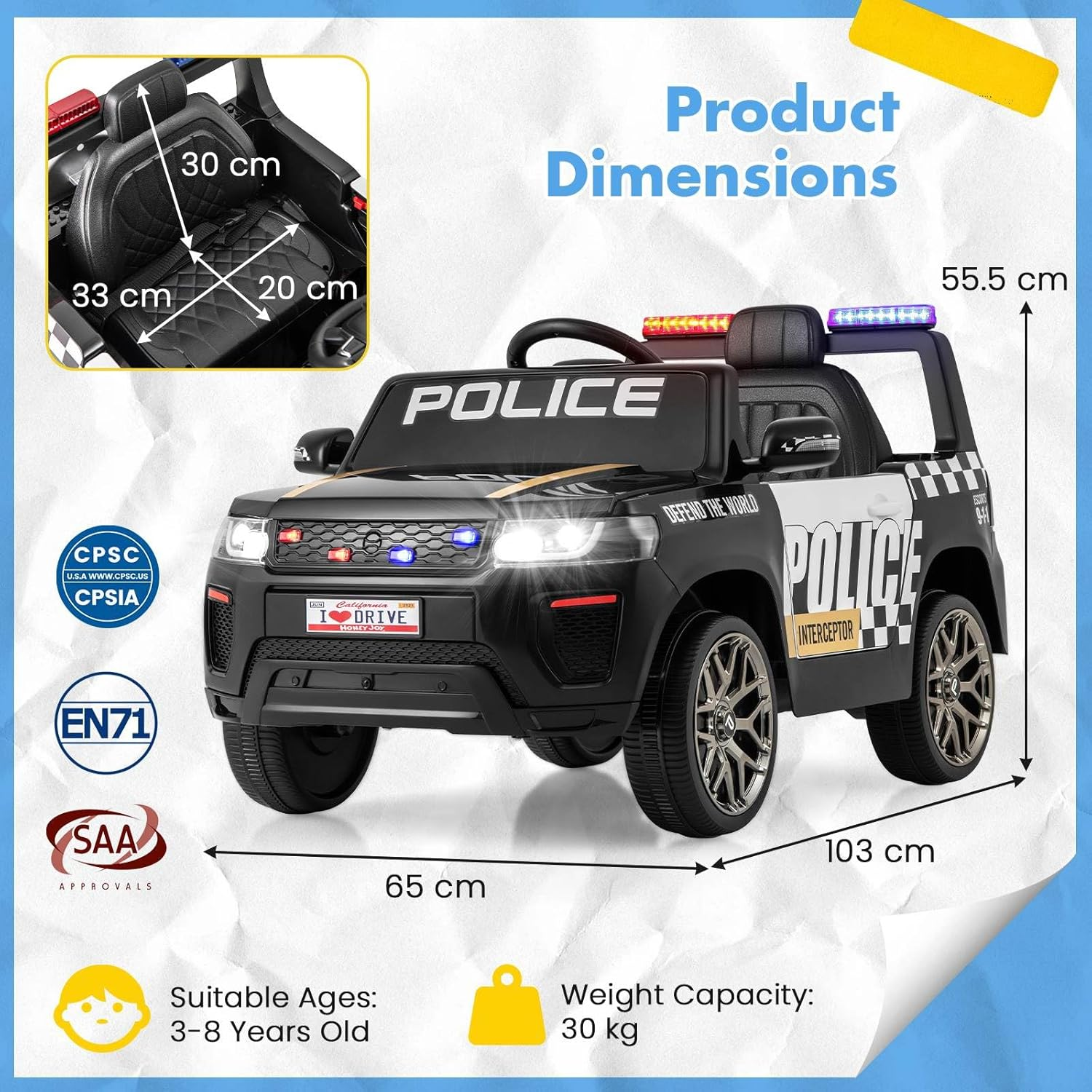 HONEY JOY Kids Ride on Police Car, 12V Electric Battery Powered Cop Car W/Remote Control, Wireless Connection, Music, Horn, Siren & LED Flashing Lights, Vehicle Ride on Toy, Black image number 3