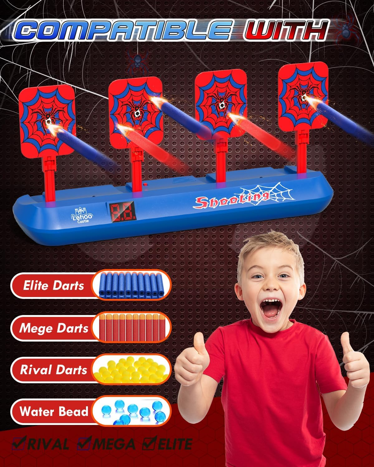 Lehoo Castle Target, Toys for 3 4 5 6 Year Old Boys, 4 Electronic Digital Auto Gun Target, Shooting Targets with 20 Bullets 2 Wrist Bands for Boys Girls image number 1