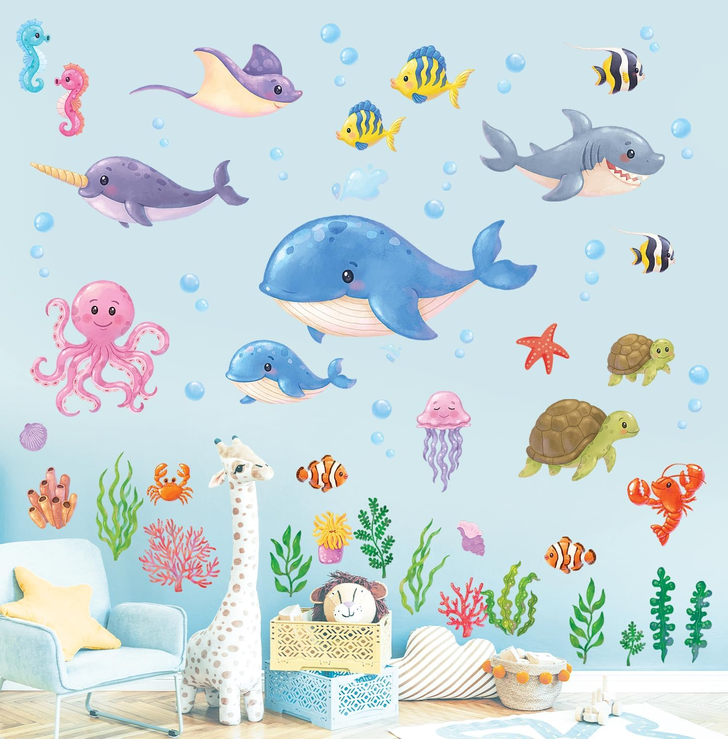 DECOWALL DS12-8081 under the Sea Wall Stickers Ocean Fish Seaweed Decals Turtle Jellyfish Removable Kids Baby Bedroom Nursery Art Home D&eacute;cor Bathroom Decoration Beach Seagrass Colorful Boys Girls image number 5