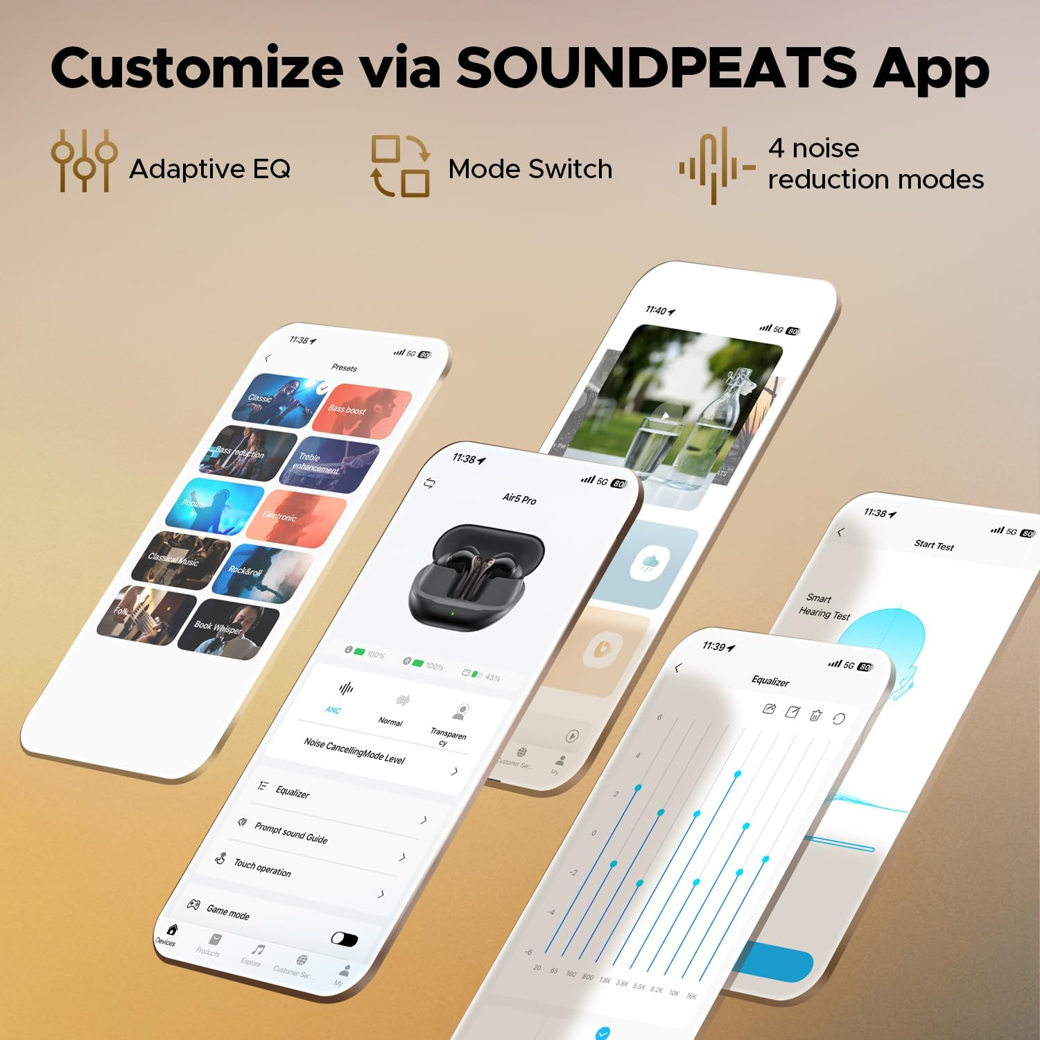 SOUNDPEATS Air5 Pro 55Db Adaptive Hybrid Active Noise Cancelling Wireless Earbuds, Qualcomm Snapdragon Sound, Aptx&trade; Lossless, LDAC LE Hi-Res Audio, 6 Mics AI CVC 8.0 Call, BT 5.4, Find Earphones image number 1
