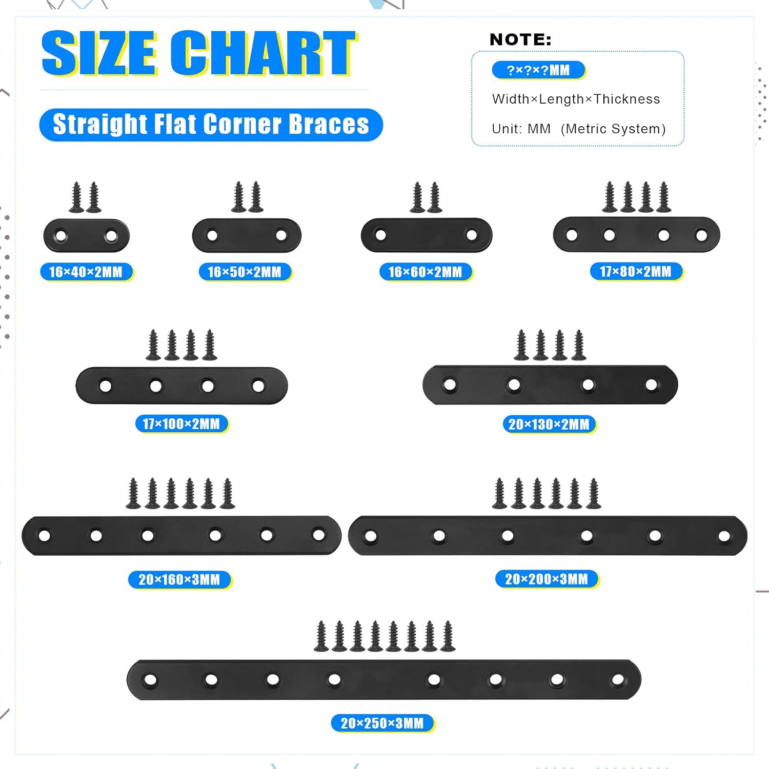 Glarks 20 Sets 50Mm Flat Straight Corner Brace Black Metal Joint Plate Connector Repair Fixing Bracket with 45Pcs Screws for Wood Furniture (50X2Mm) image number 6