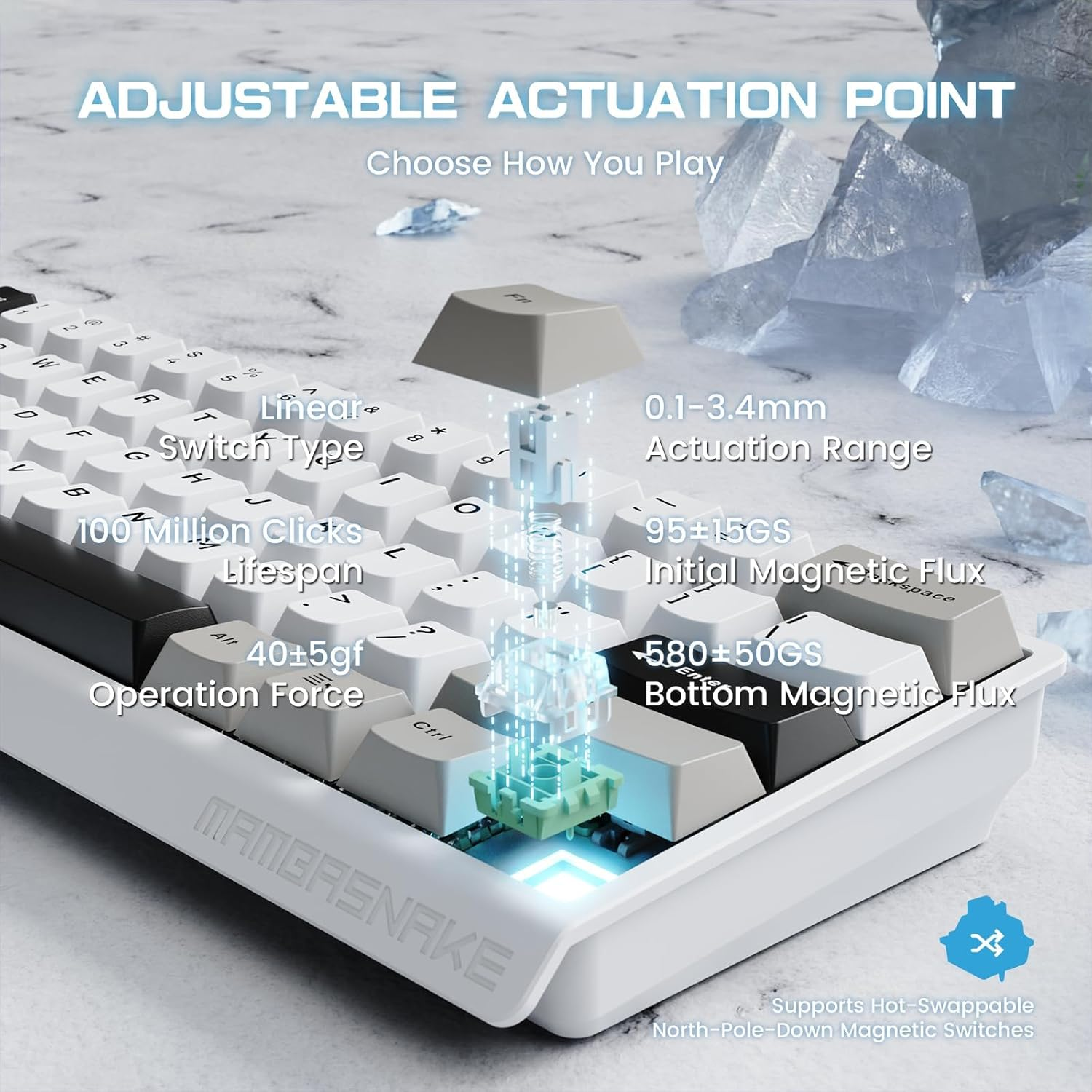 MAMBASNAKE X60 HE 60% Bt/2.4G/Wired Tri-Mode Gaming Keyboard Adjustable Actuation,Rapid Trigger Magnetic Switch Mechanical Keyboard,Rgb Backlit,8Khz Polling Rate with Coiled Cable for Pc/Mac-White