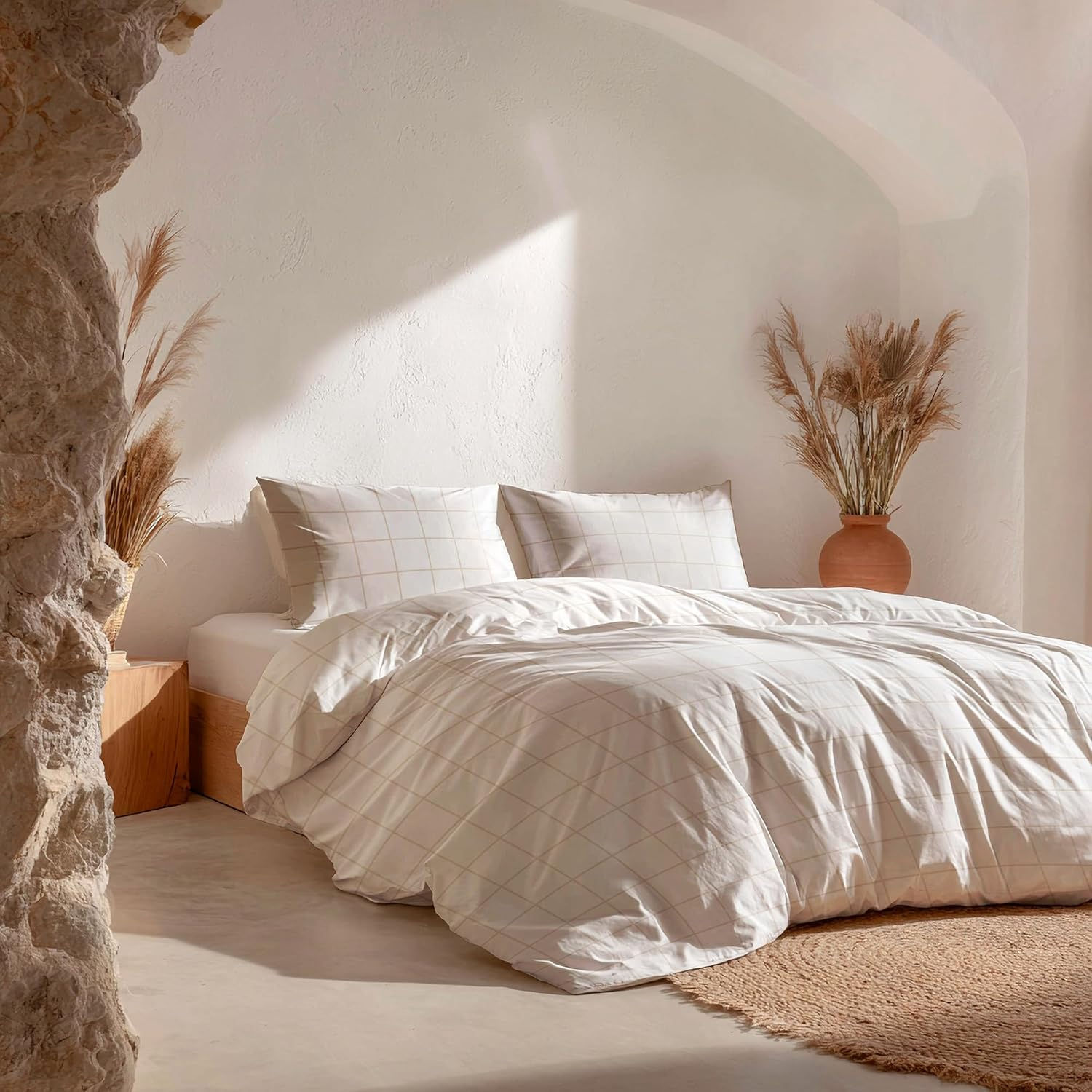 GAMUSI Beige Check Bedding Set 180 CM 100% Cotton + 2 Pillowcases 50 X 95 CM image number 5