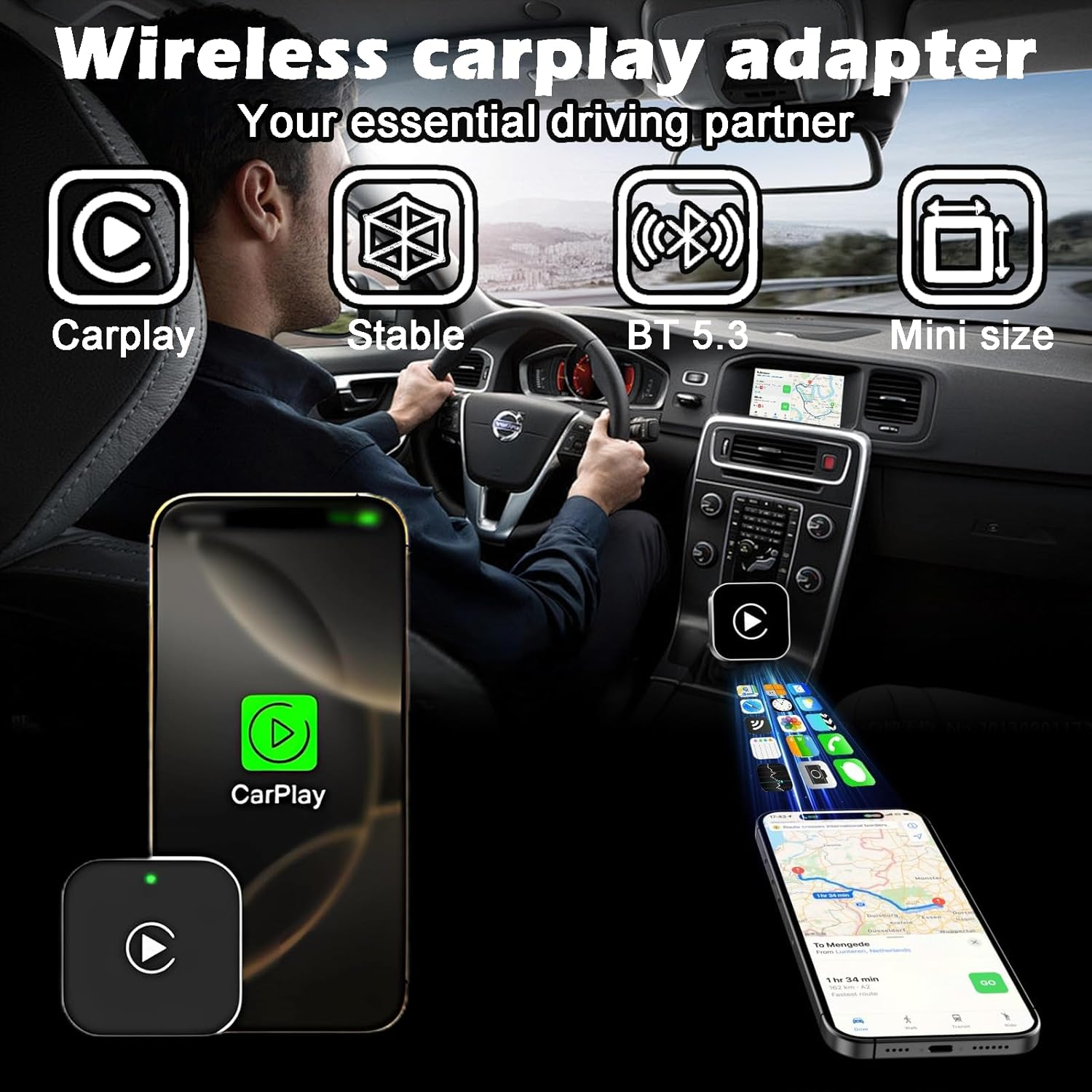 Wireless for Carplay Adapter 2025-Mini USB Auto Adapter Converts Wired to Wireless, Plug-And-Play for Vehicles with Factory Carplay, Connection for Iphone 6+ & a Iosndroid 11+ Systems (2017+Cars) image number 2