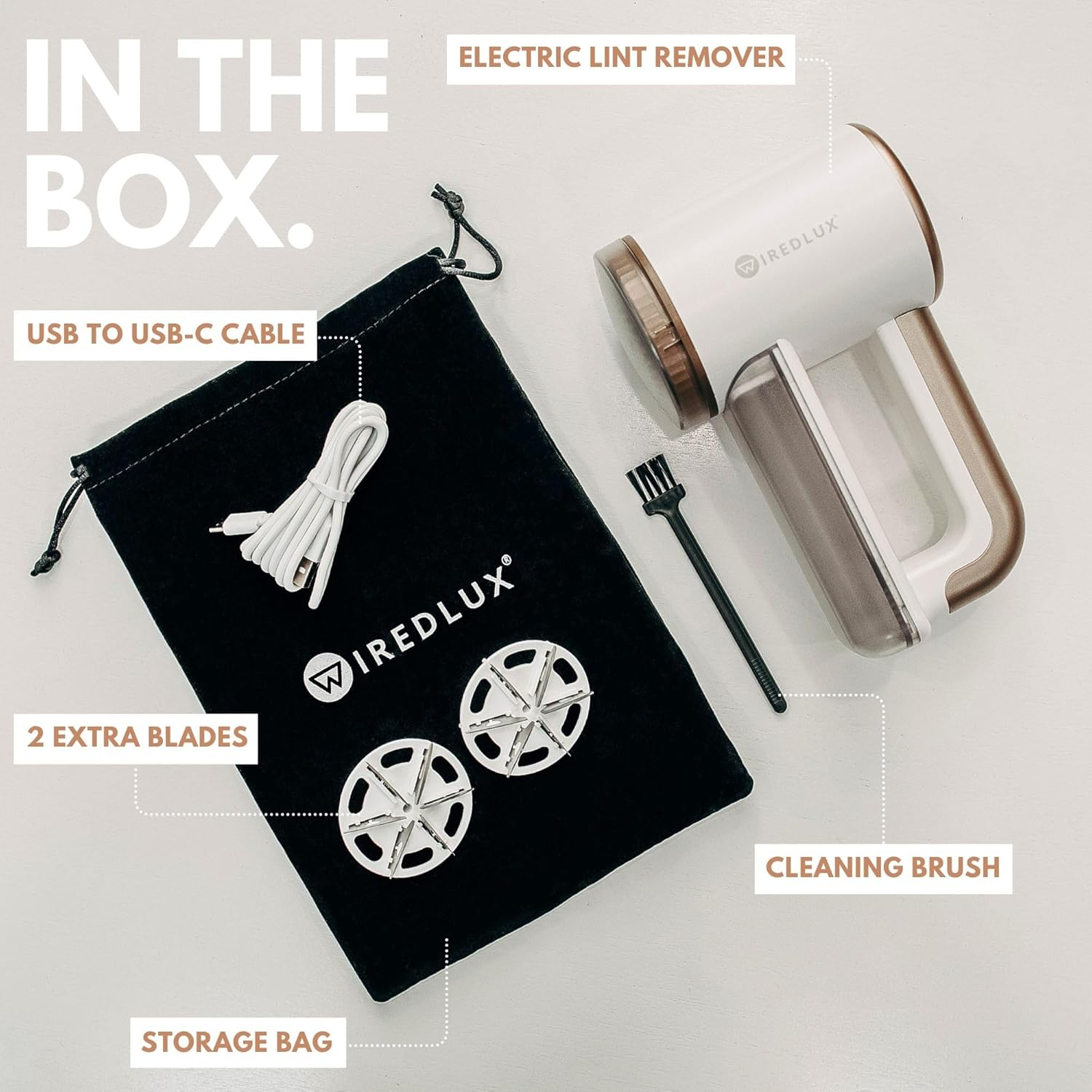 Electric Lint Remover Wiredlux - Rechargeable Fabric Shaver Bobble Remover for Clothes & Furniture - Adjustable 3-Speed, 6-Leaf Blade, LED Display, USB Charging (White) image number 6