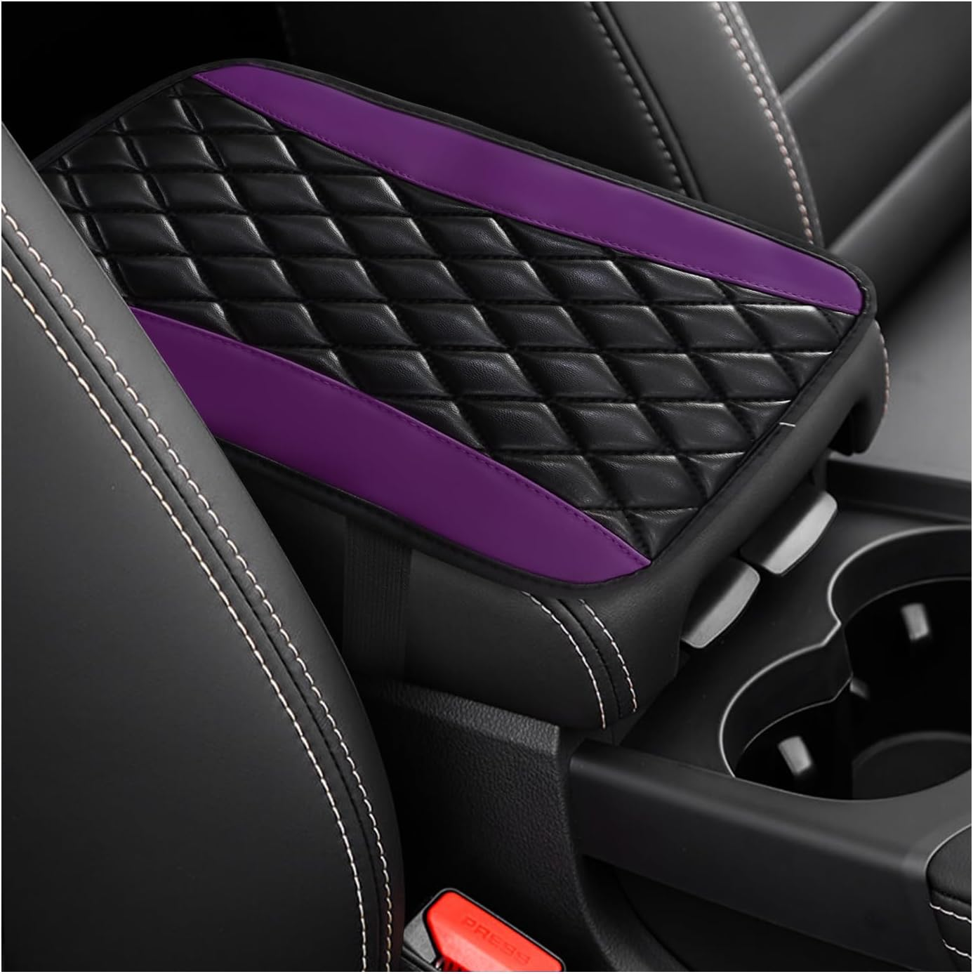 Car Center Console Cushion Pad, Universal Leather Waterproof Armrest Seat Box Cover, Comfortable Auto Armrest Cover Protector, Car Interior Decor Accessories for Most Vehicles (Purple) - Black  Beige image number 4