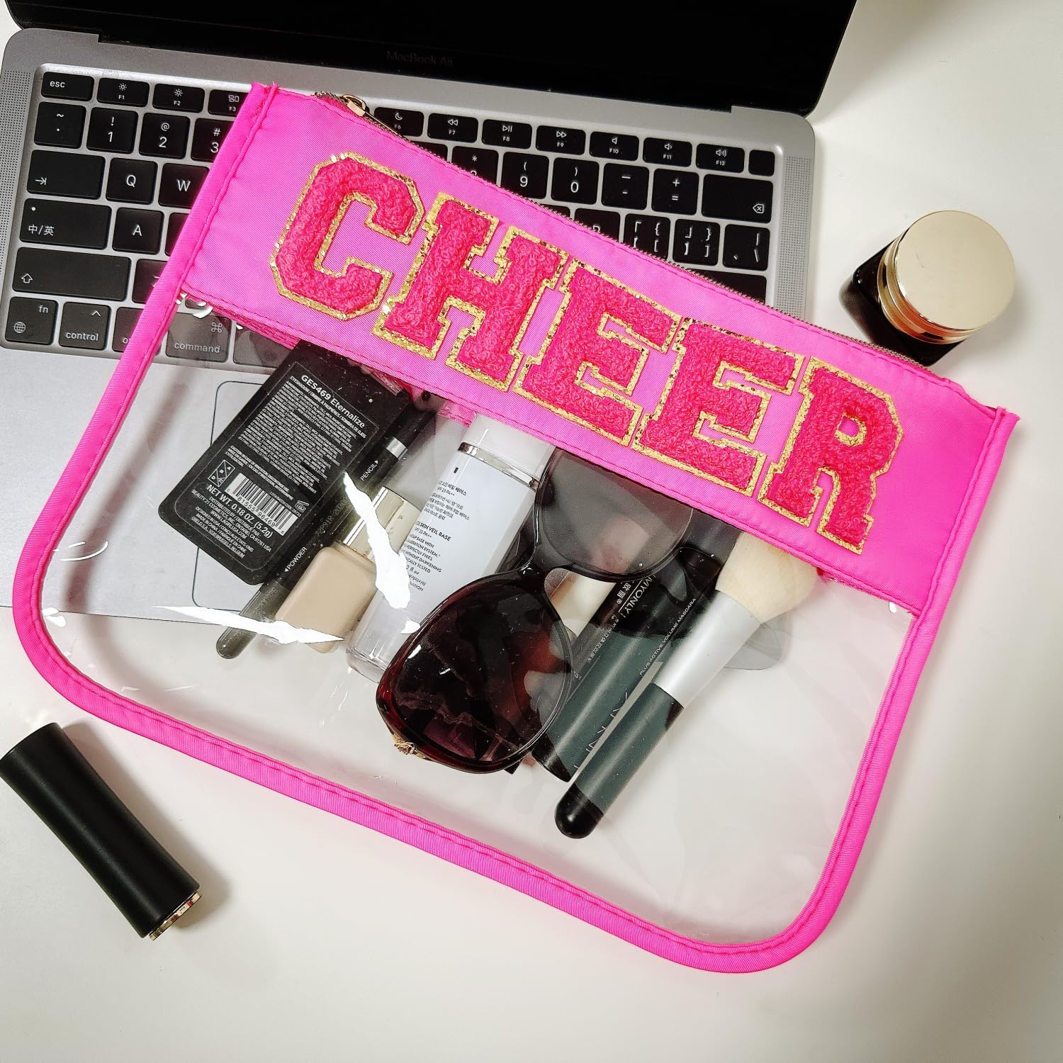Clear Makeup Letter Bag Chenille Glitter Varsity Letter Patch Zipper Toiletry Pouch Travel Beach Summer Pool Bag Gifts for Women Girls(Beach-Blue), Cheer-Hot Pink - Dance-Black image number 4
