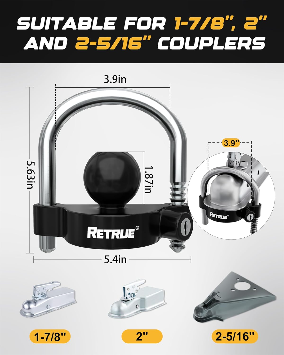 RETRUE Keyed Alike Trailer Lock Set Tow & Store Lock Kit Include Universal Coupler Lock & Dual Hitch Receiver Pin Lock & Trailer Tongue Coupler Lock Set, Black image number 1
