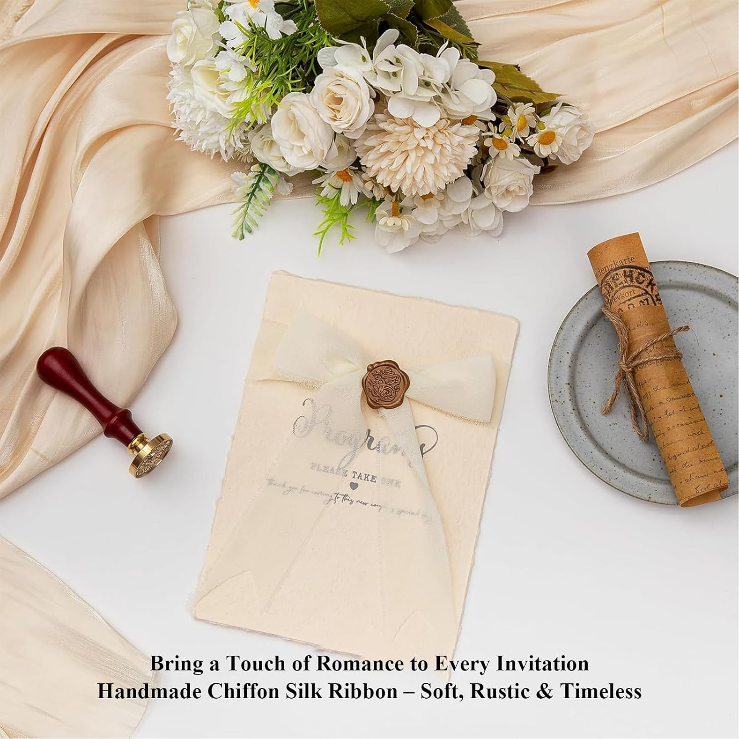 Rhoyee 3 Rolls Ivory Chiffon Ribbon &ndash; Handmade Fringe Silk Ribbon Set (2.5Cm X 5M Each, 15M Total) for Wedding Bouquets, Gift Wrapping, Invitations, DIY Crafts & Floral Decorations image number 3