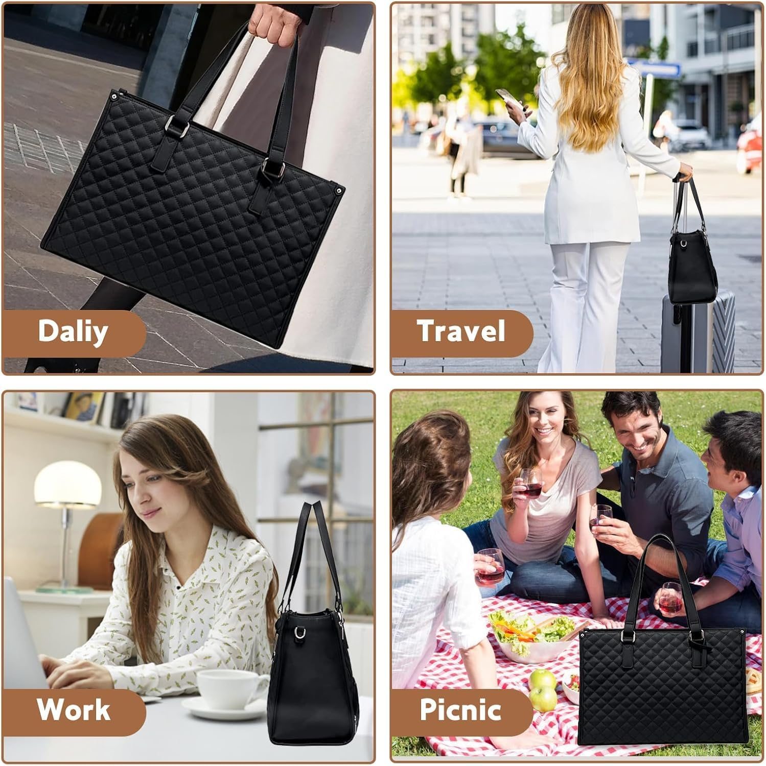 Laptop Tote Bag with Insulated Lunch Compartment for Women, PU Leather 15.6 Inch Work Bag, Elegant Computer Handbag, Versatile Business Tote for Office, Travel or Casual-Classic Black image number 6