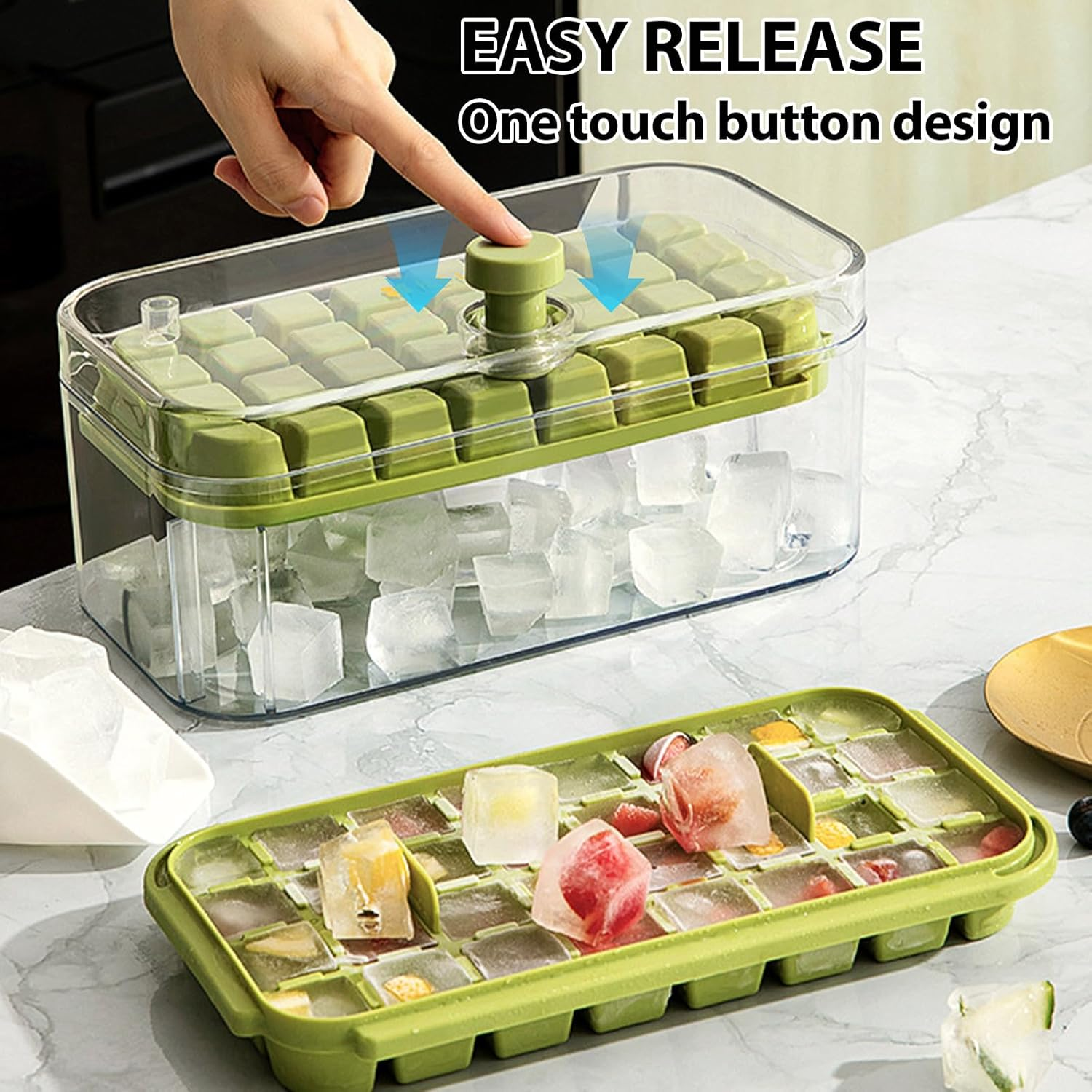 Ice Cube Tray with Lid and Bin, Ice Cube Tray, Easy Release, 64 Pcs Cube Tray, Large Capacity Tray Holder image number 4