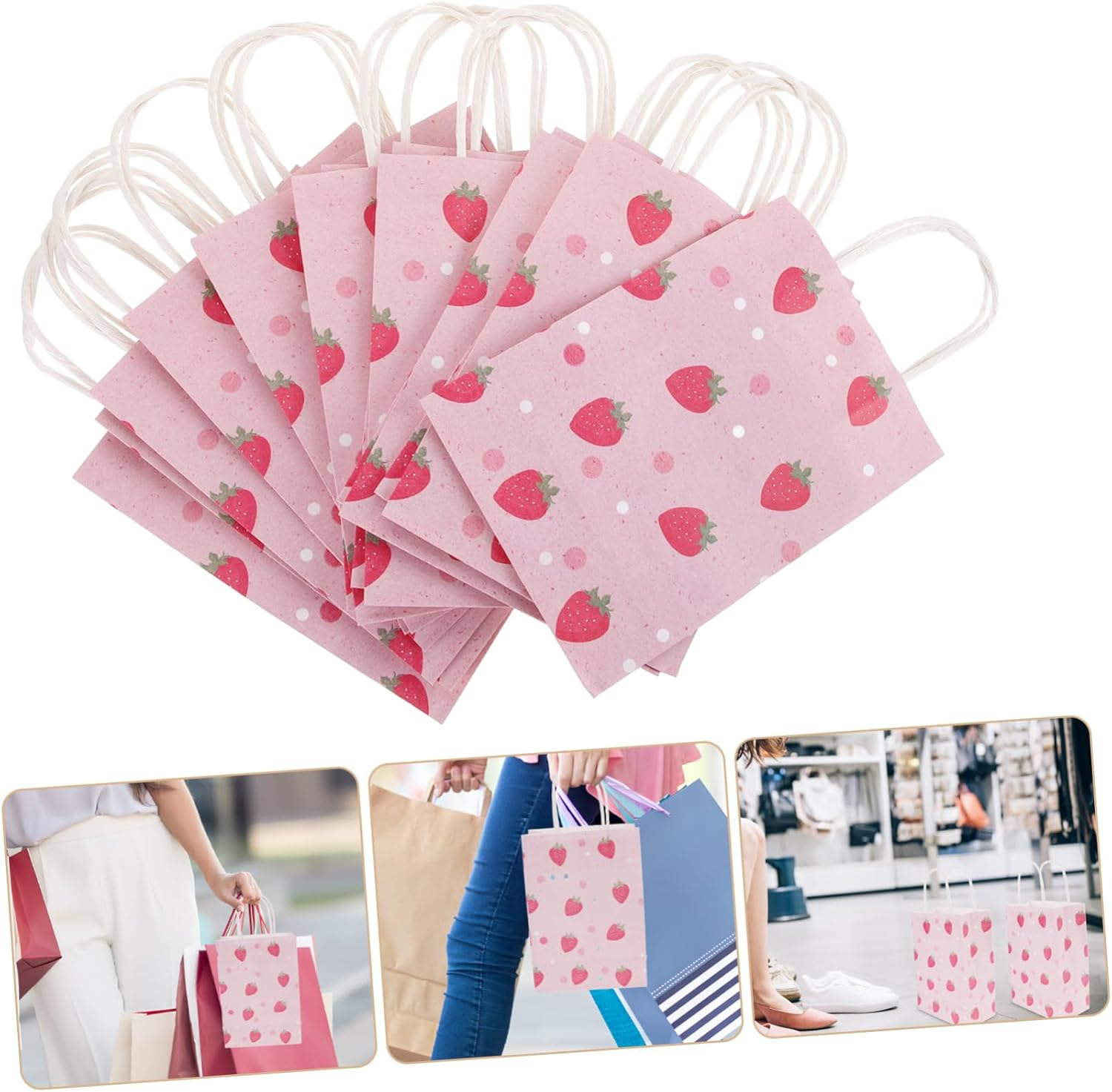 Partykindom 16Pcs Strawberry Present Bags with Handles Cute Paper Party Favor Bags for Birthday Showers and Holiday Festivals Small for Treats and Goodies image number 4