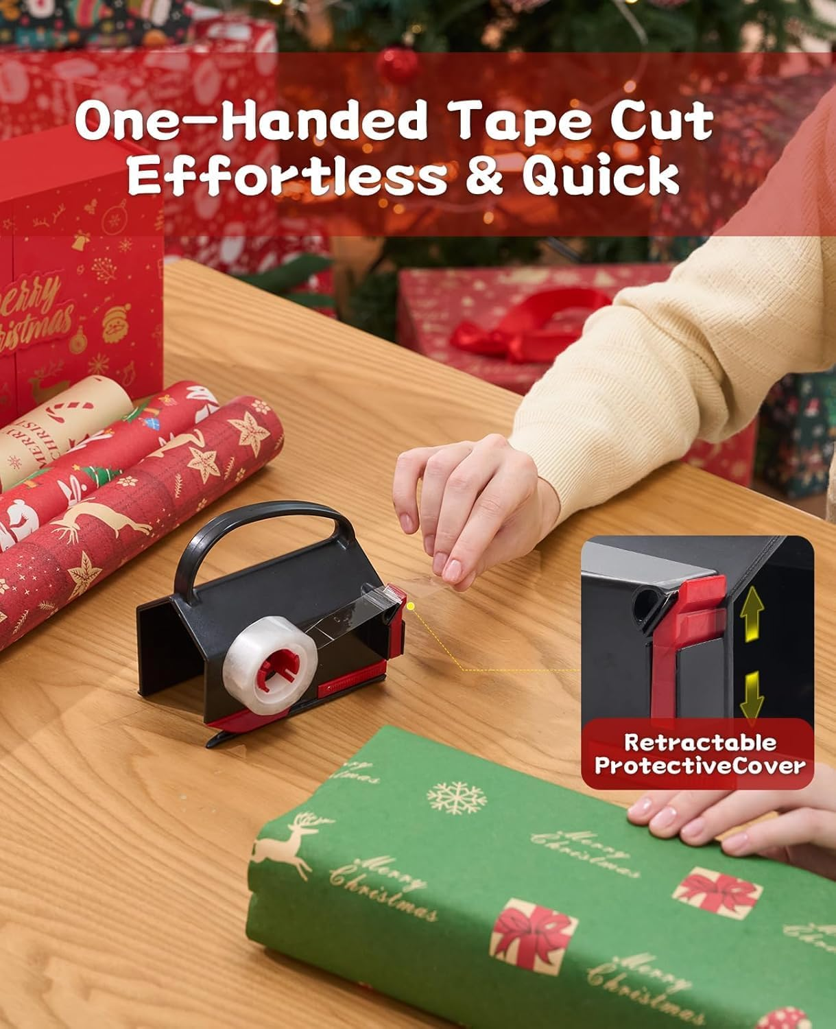 2-Pack Wrapping Paper Cutter & Tape Dispenser with 4 Tape Rolls, 2 Replacement Blades -Dual-Function Gift Wrap Tool for Christmas, Birthday, Holiday Crafting and Office Use image number 1