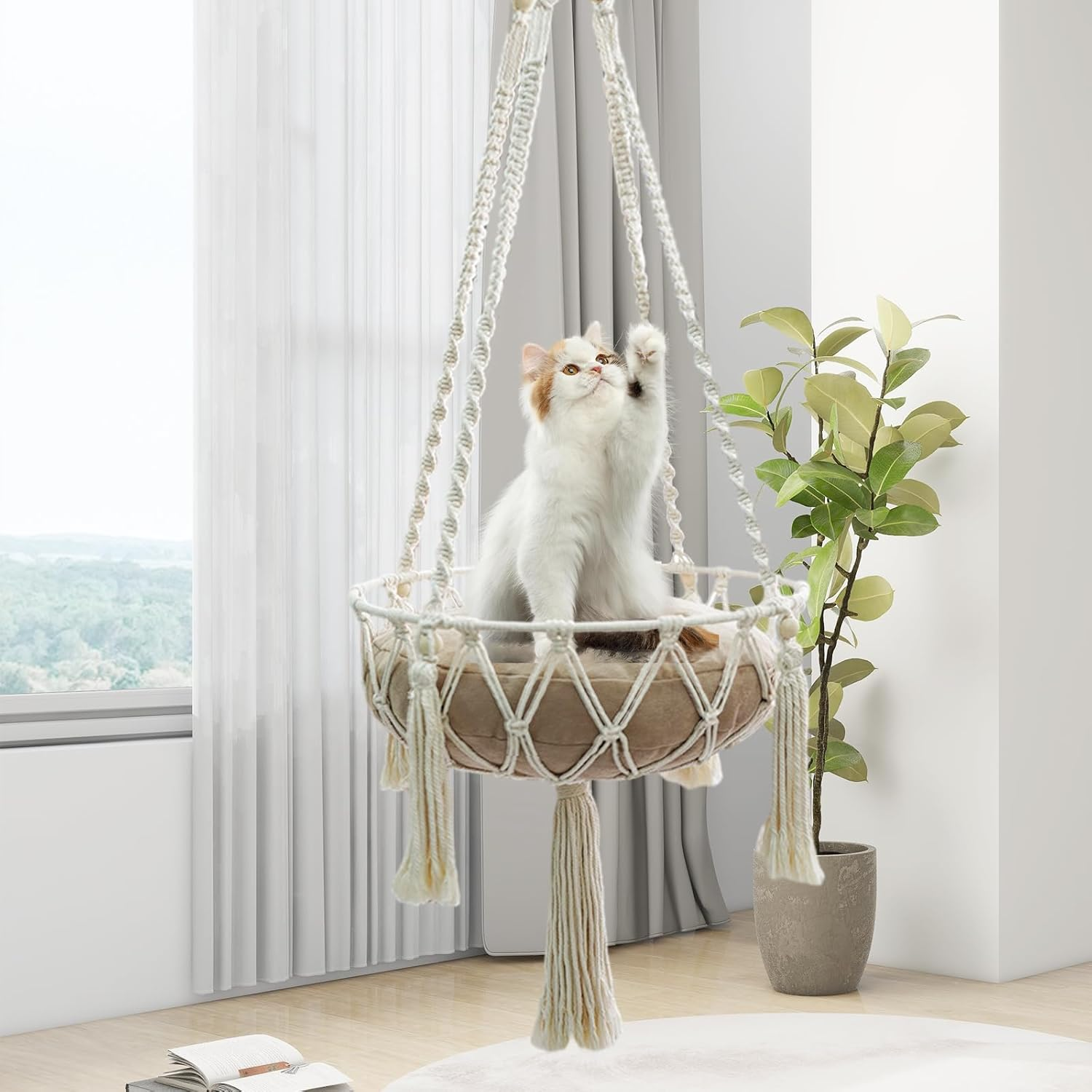 NCONCO Hand Knitted Hanging Cat Hammock Macrame Cat Hanging Bed Cat Basket Bed for Indoor and Outdoor Playing, Sleeping, Climbing (White) image number 1