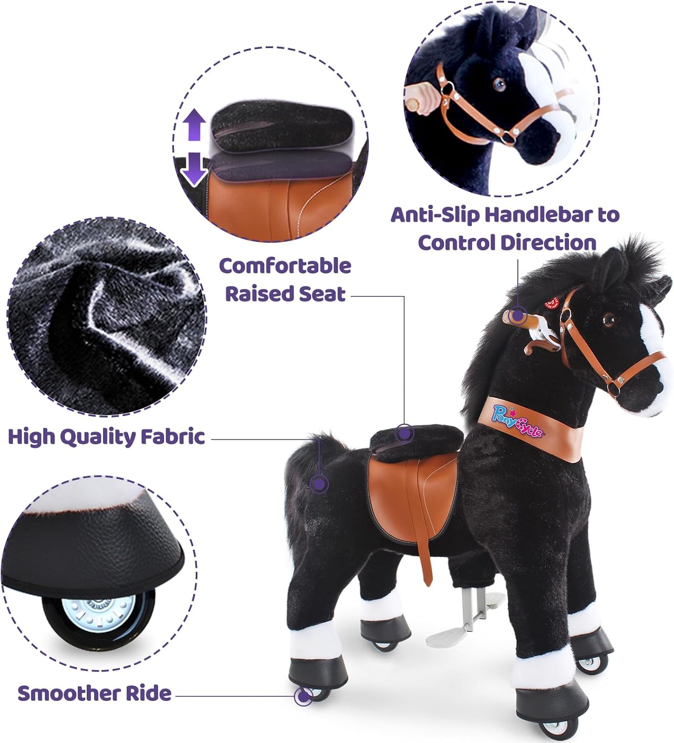 Ponycycle Official Classic U Series Ride on Horse Toy Plush Walking Animal Black Horse Size 3 for Age 3-5 Ux326 image number 6