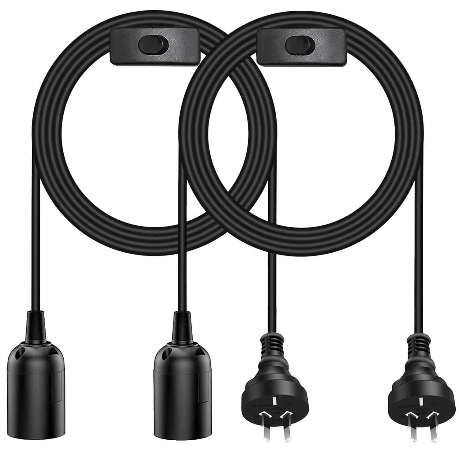 2Pcs E27 Cable Cord with On/Off Switch, E27 Lamp Base Holder Socket AC AU Power Plug, 1.8M White Extension Lights Lamp Bulb Cord for Bedroom Kitchen Plant Growth DIY Hanging Lanterns Pendant Light