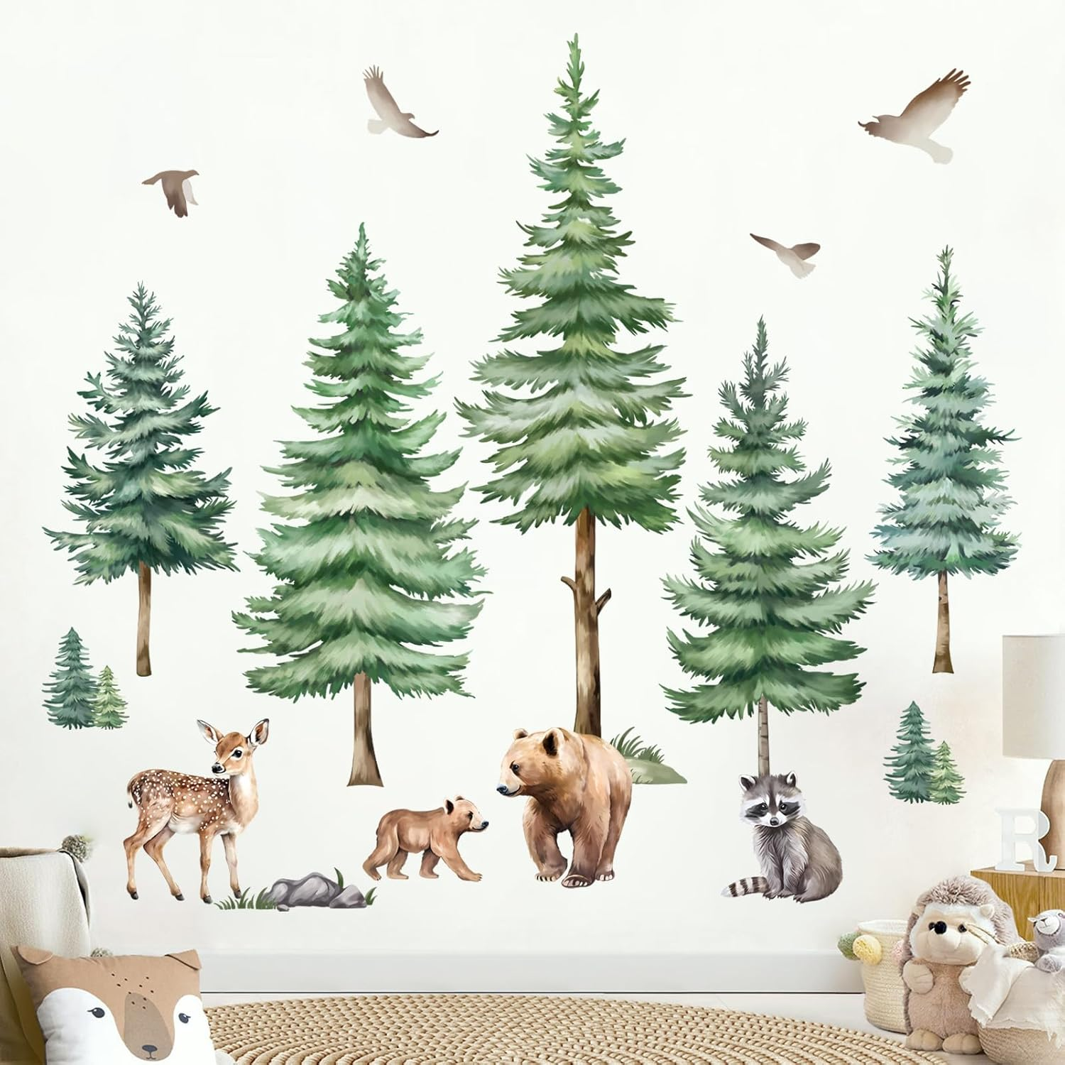 Decalmile Large Pine Tree Wall Decals Woodland Animal Bear Wall Stickers Baby Nursery Kids Room Bedroom Wall Decor image number 2