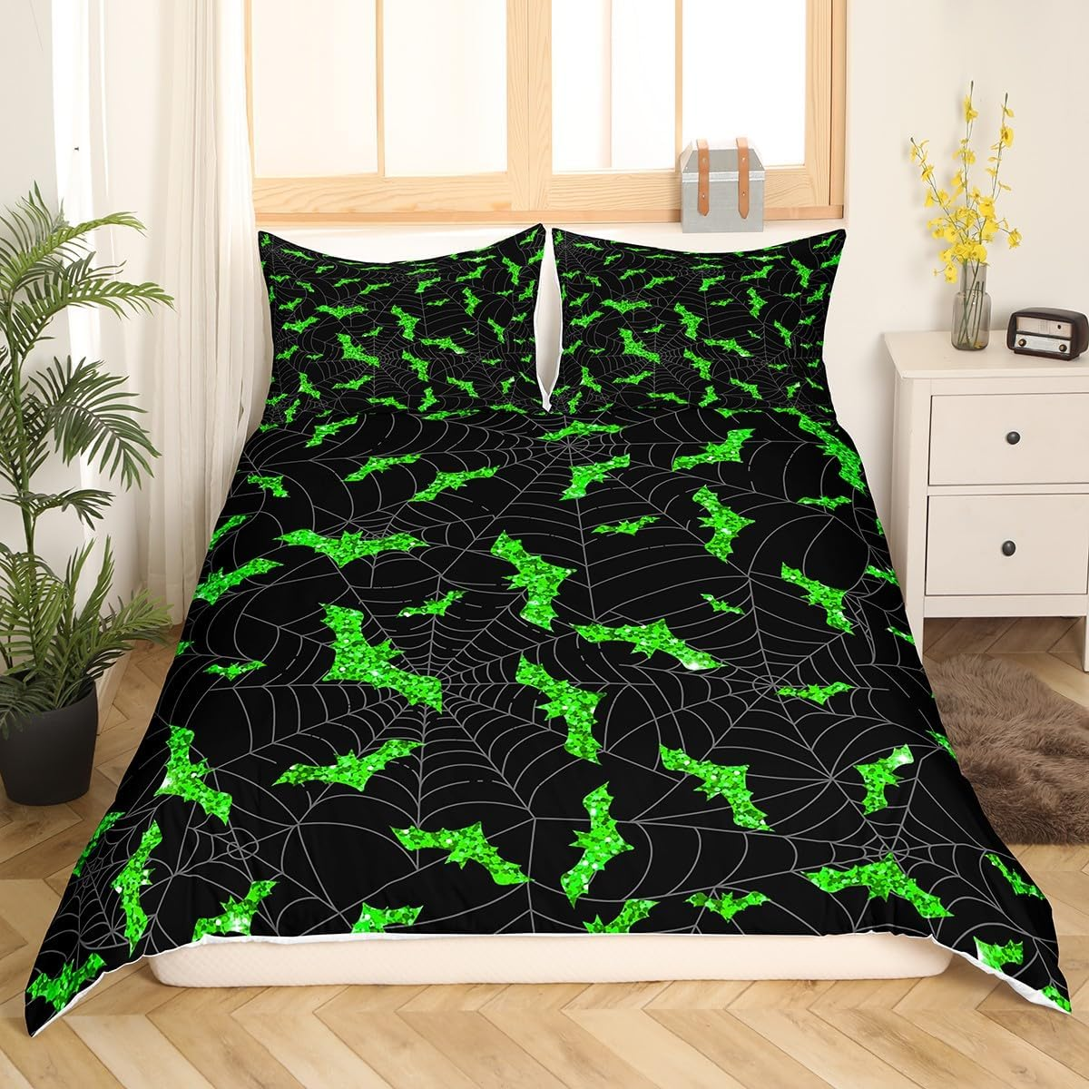 Bat Duvet Cover Set, S Size, Black Spider Web Bedding Set, Gothic Style Halloween Comforter Cover, Children, Girls, Adult Bedroom Decor, Green Glitter Print Quilt Cover, 1 Pillowcase