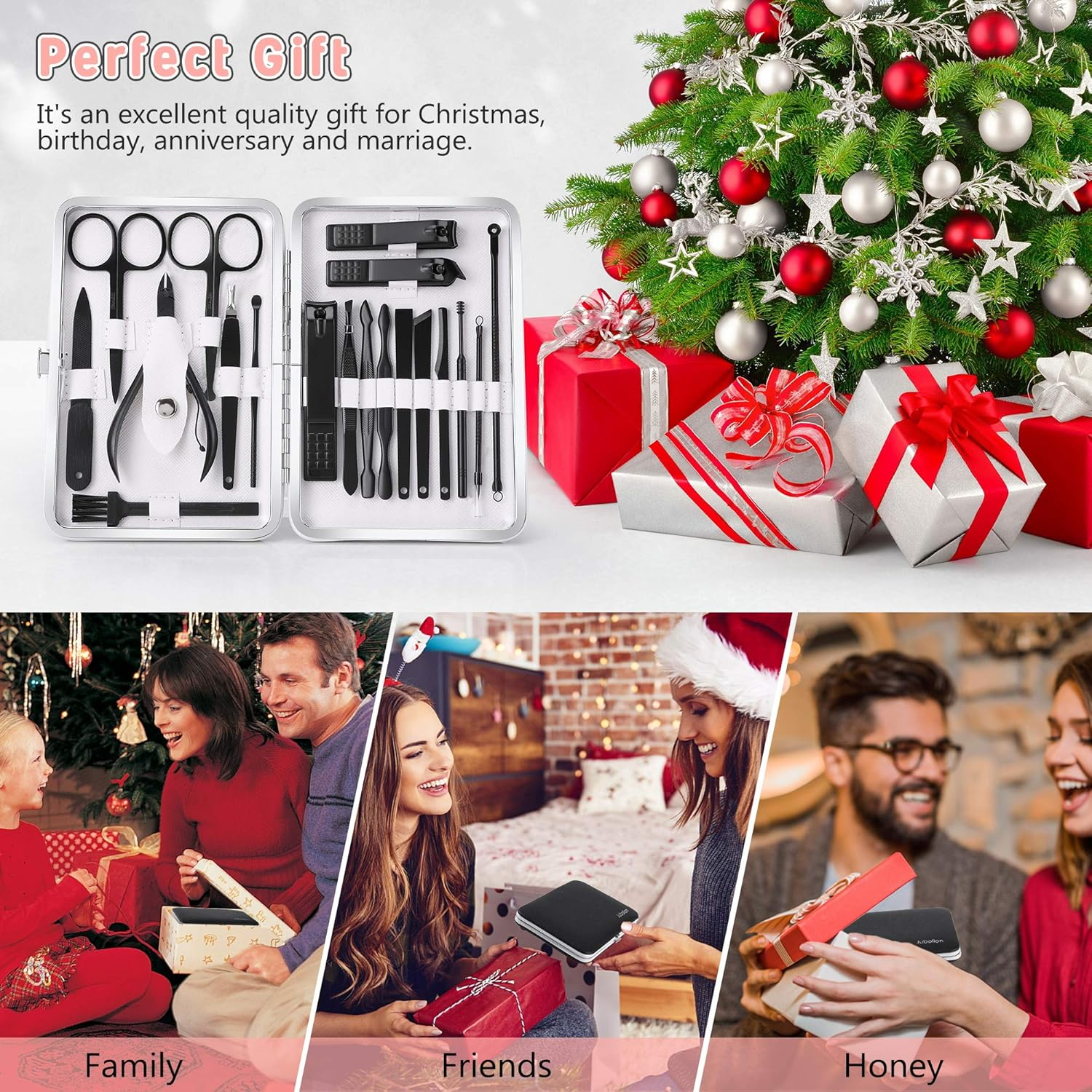 Jubolion Manicure Set, 19Pcs Stainless Steel Professional Nail Clippers Pedicure Set with Black Leather Storage Case, Portable Grooming Kit for Travel or Home, Perfect Gifts for Women and Men (Black) image number 4