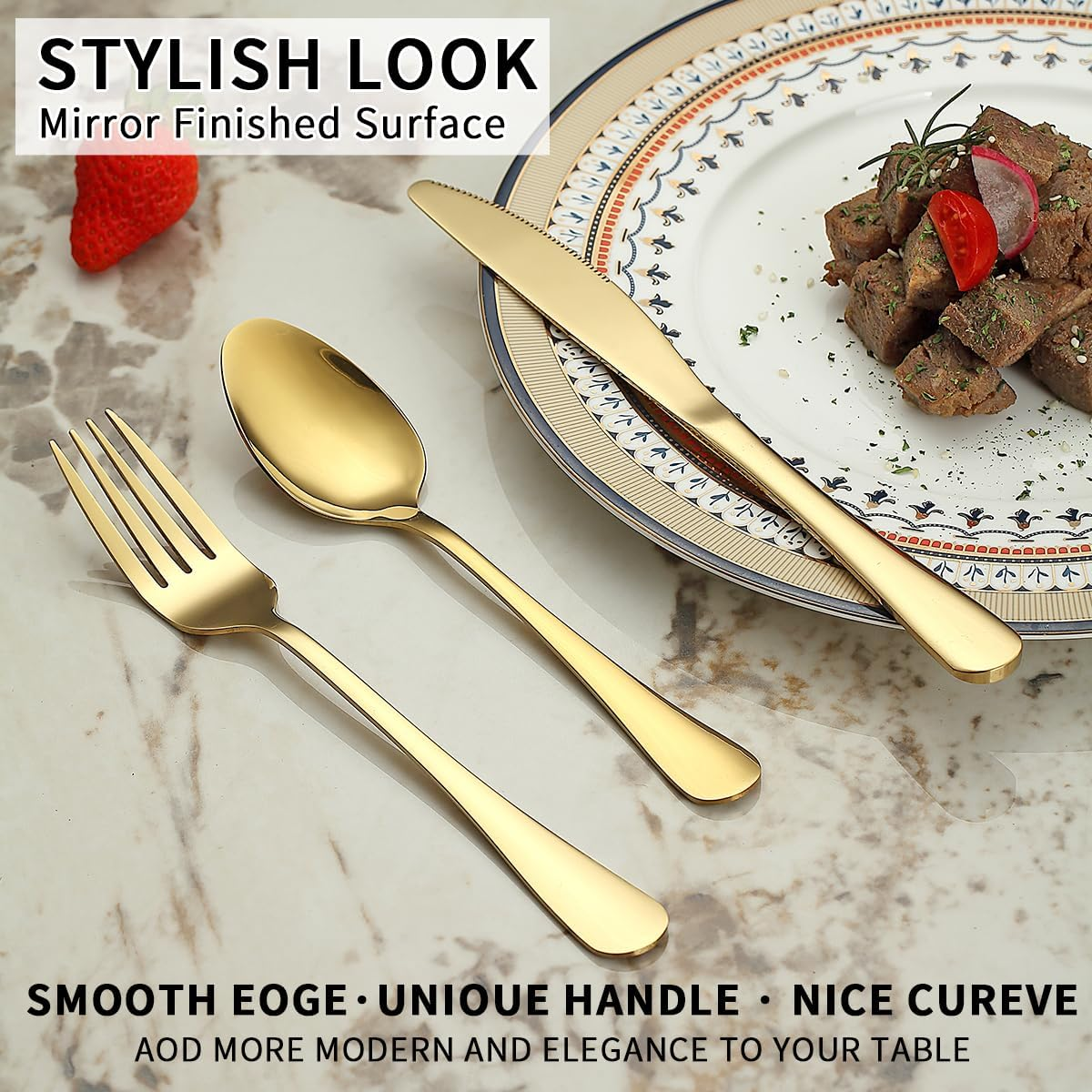 Gold Cutlery Set 48 Pieces Service for 12, Berglander Titanium Gold Coating Handle Stainless Steel Flatware Set, Knives Forks Spoons Silverware Set image number 5