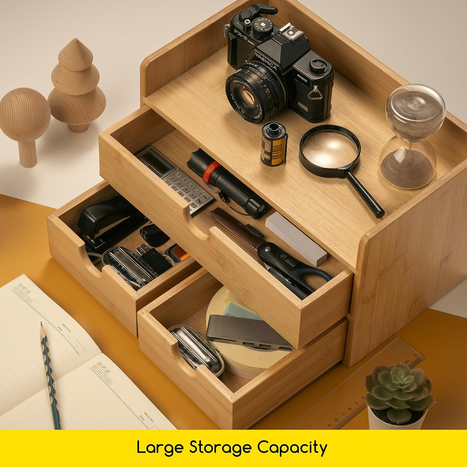 MEEDEN Bamboo Desk Organizer with Drawers: Desktop Storage Container with Shelf - Tabletop Storage Organization Box for Office Home Toiletries Supplies image number 6