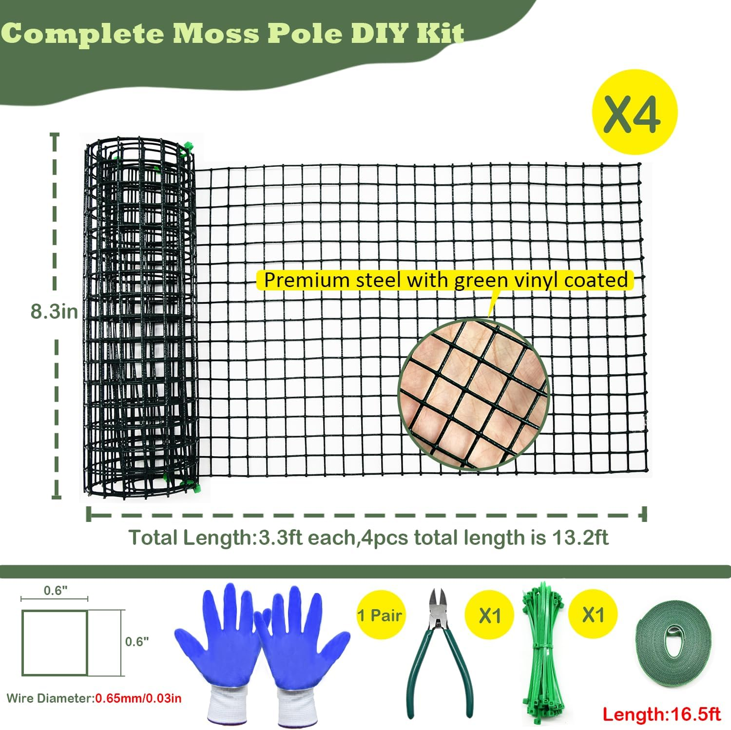 Moss Pole DIY Kit, Moss Pole for Plants Monstera, 8.3In&times;13.2Ft Steel Moss Pole Mesh with Plier, Cable Zip Ties, Max 7Pcs 23" Sphagnum Moss Pole, Mesh Moss Pole with Different Height - 13.2Ft Wire Mesh image number 5