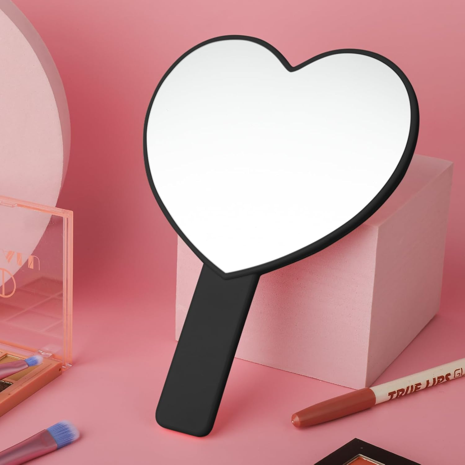 Heart-Shaped Travel Handheld Mirror - Heart-Shaped Makeup Hand Mirror with Handle - Portable Cosmetic Mirror for Women (Black) - Black image number 4