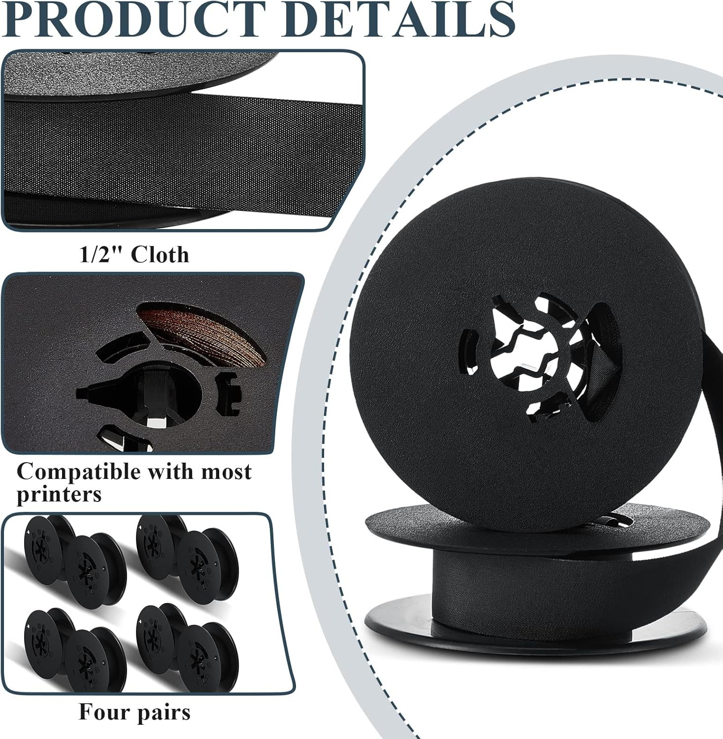 Seajan 4 Pairs Universal Dual Shaft Typewriter Ribbon Vintage Typewriter Ribbon, 1/2 Cloth for Most Machines(Black) image number 2