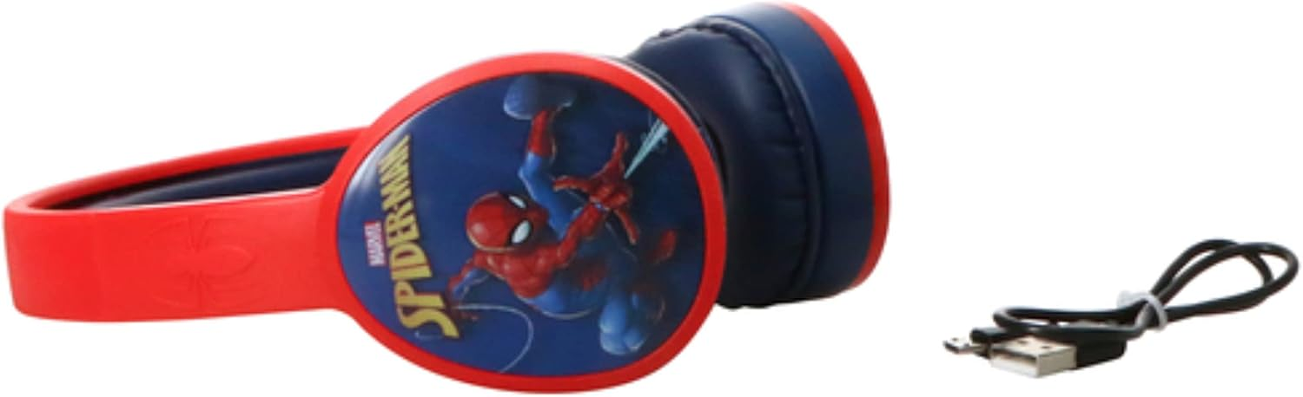 Spider Man Bluetooth Kid Safe Headphones over the Ear Padded Cushions Flying on a Web Design image number 1