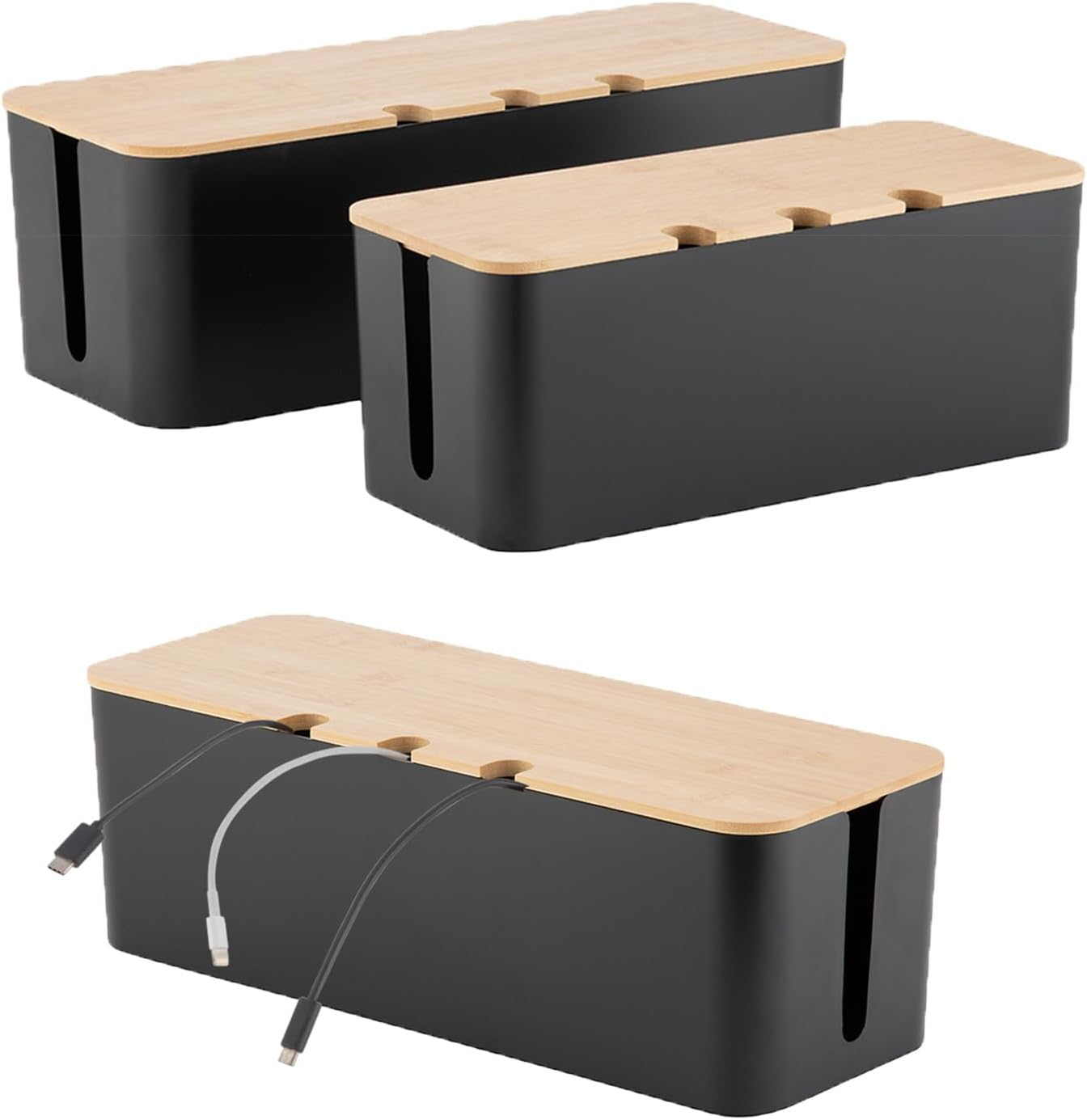 Zarek Set Two of Bamboo Cover Cable Management Box, Large Storage Tidy,Wires Keeper Holder for Computer, Desk, TV, Phone Holder, Powerboard Charging Cable, Strong Organiser Box on Home&Office（Black）